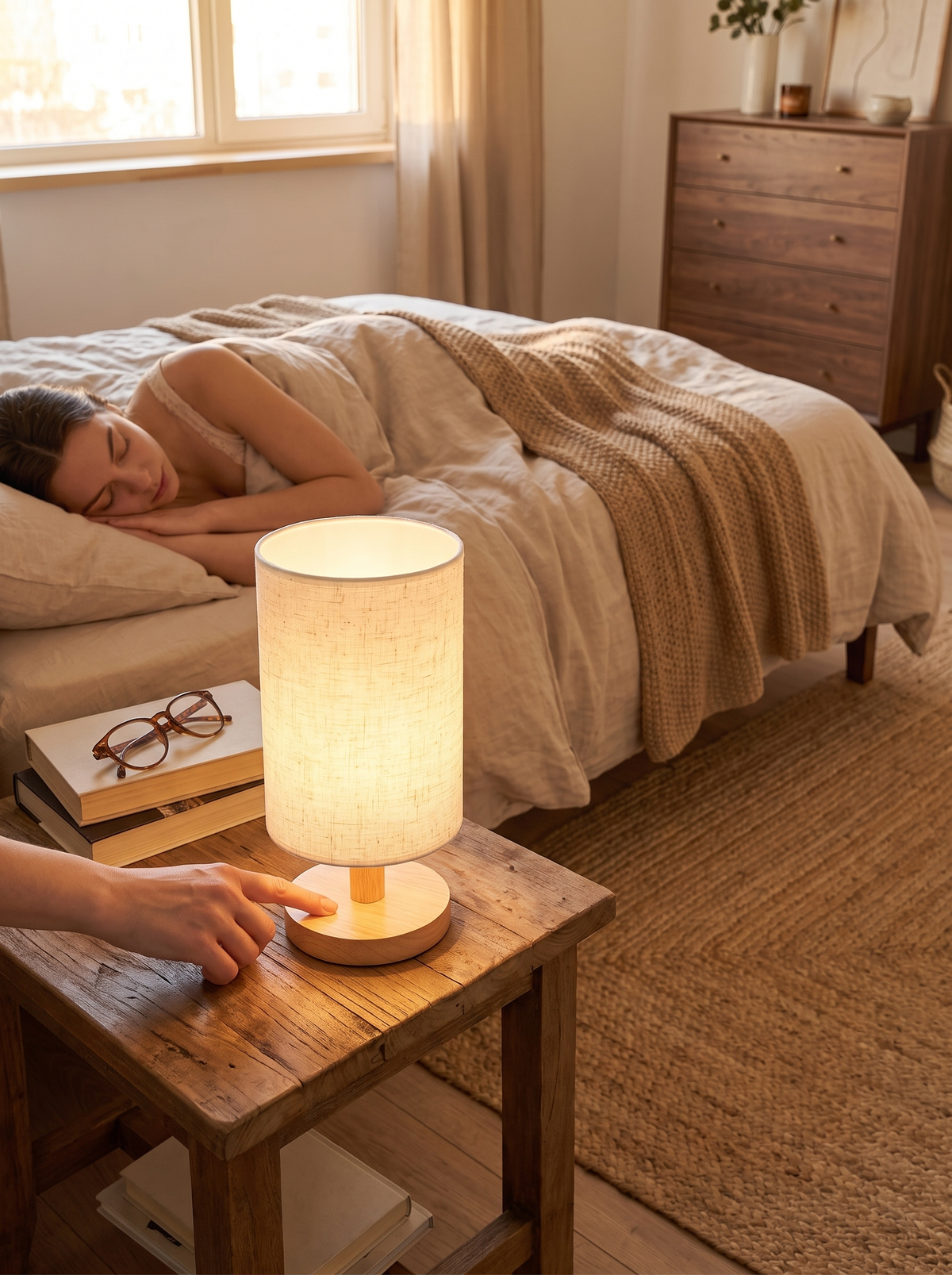 USB bedside lamp with a textured natural fibre shade