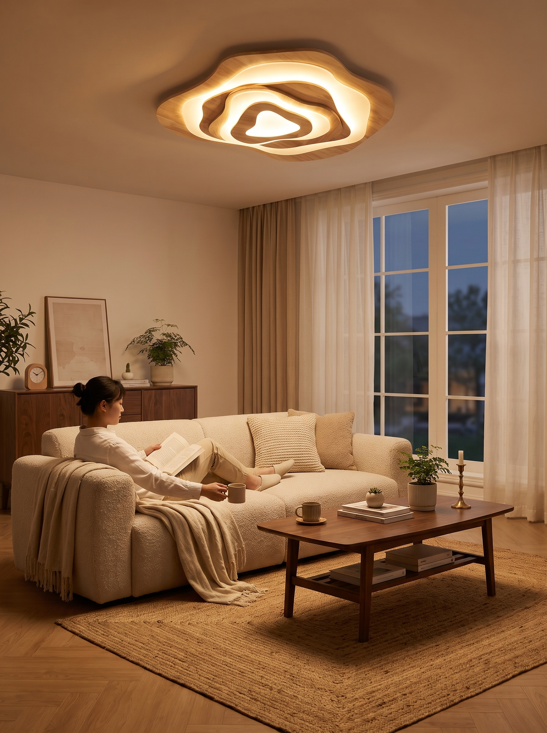 Wooden LED ceiling light filling a calm room with even light