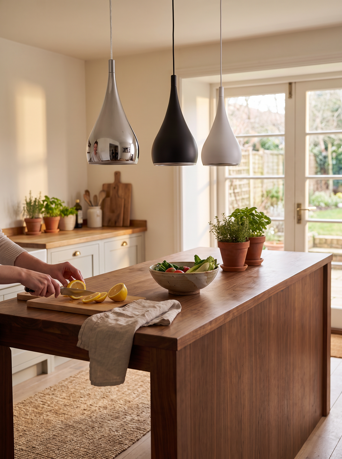 Three iron pendant lights hanging in a row over a counter