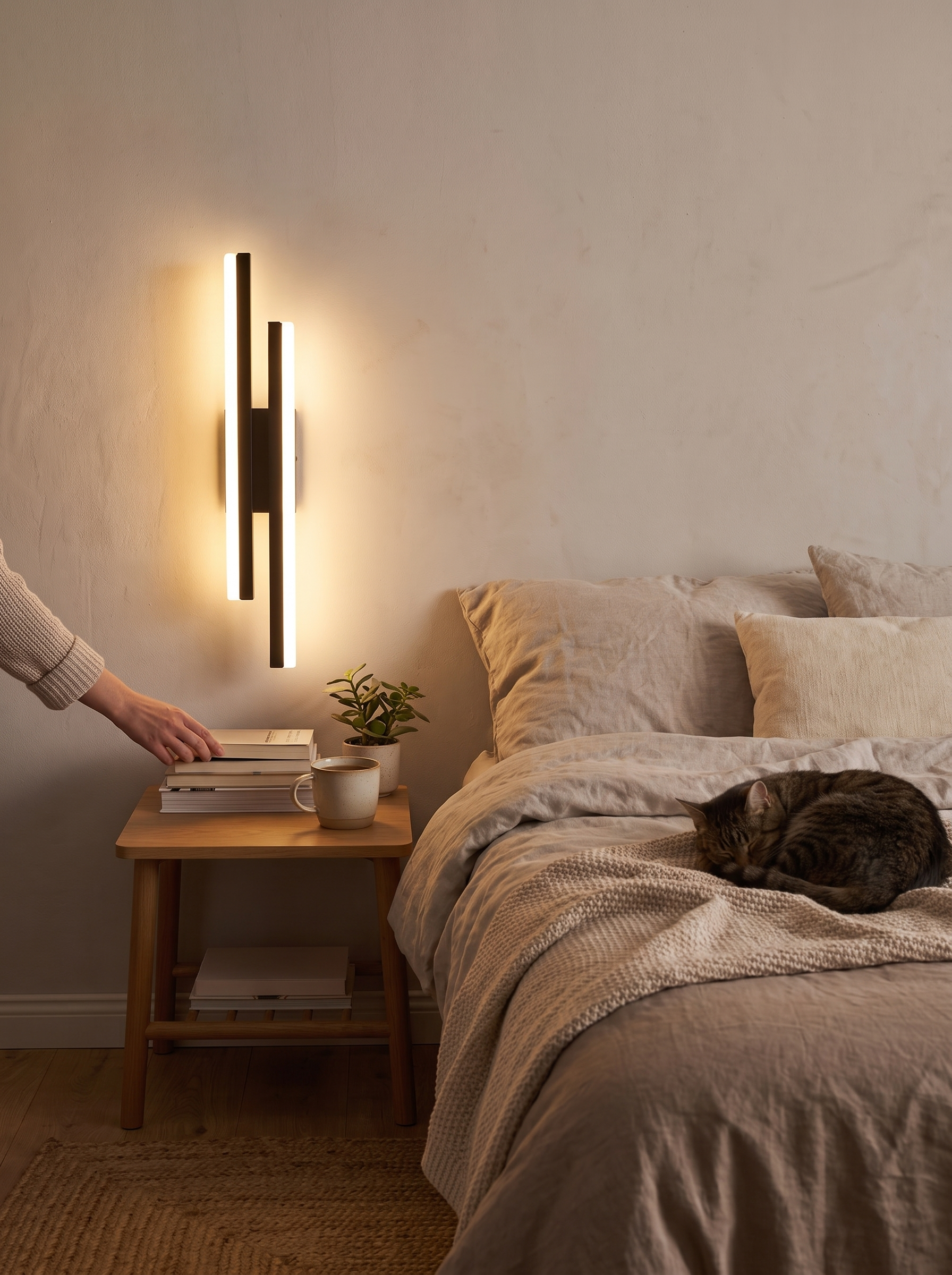 No wiring LED wall light mounted above a headboard