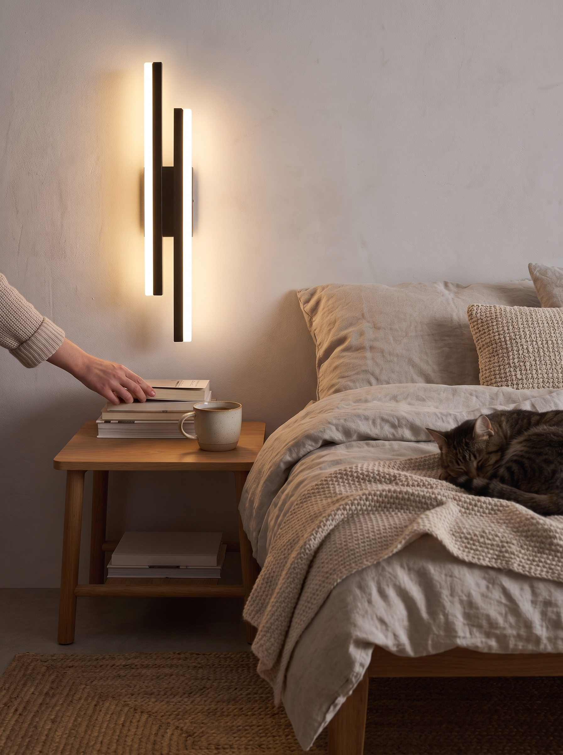 No wiring LED wall light shown in a longer arm length