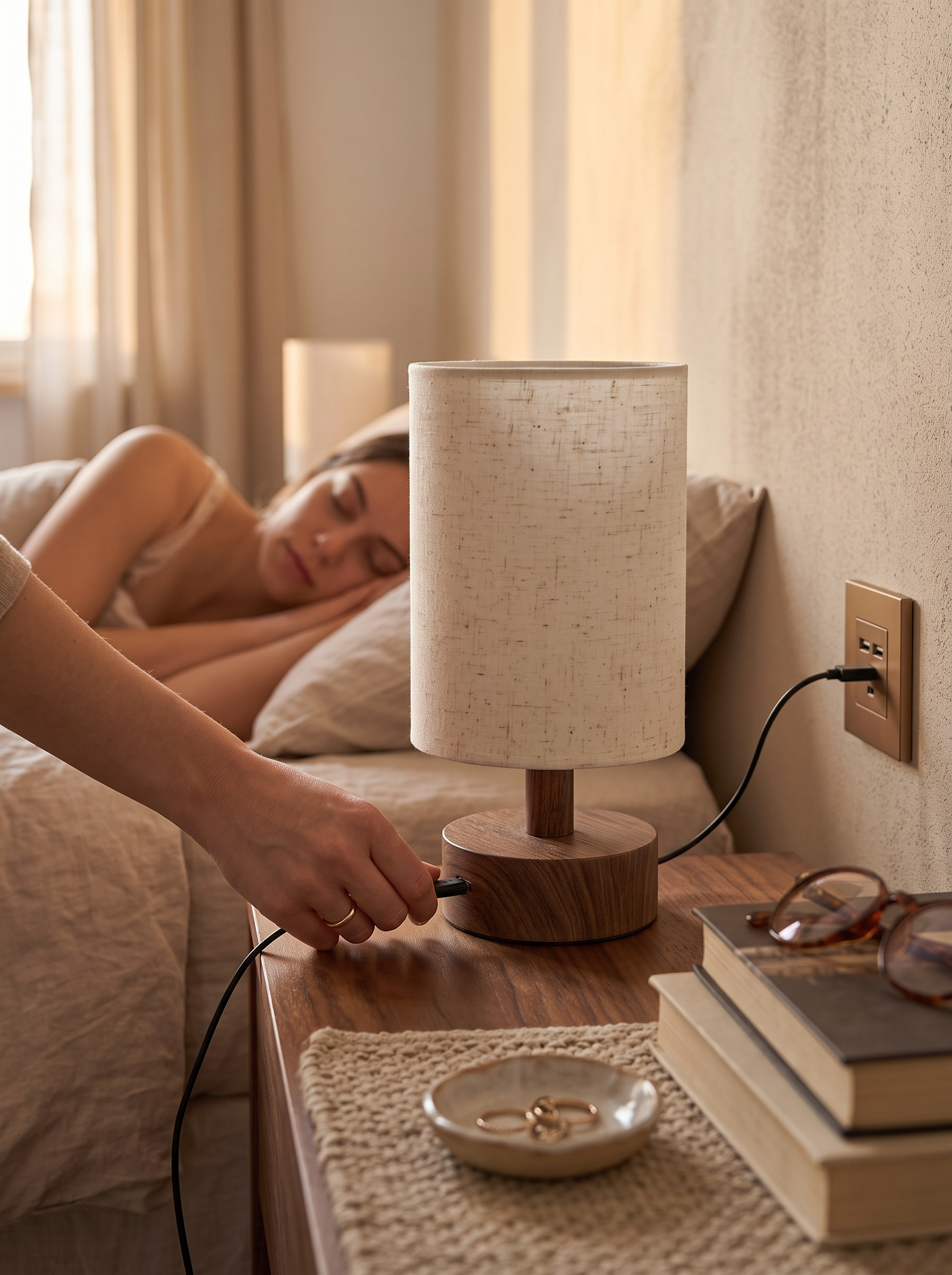 USB bedside lamp plugged in beside a bed