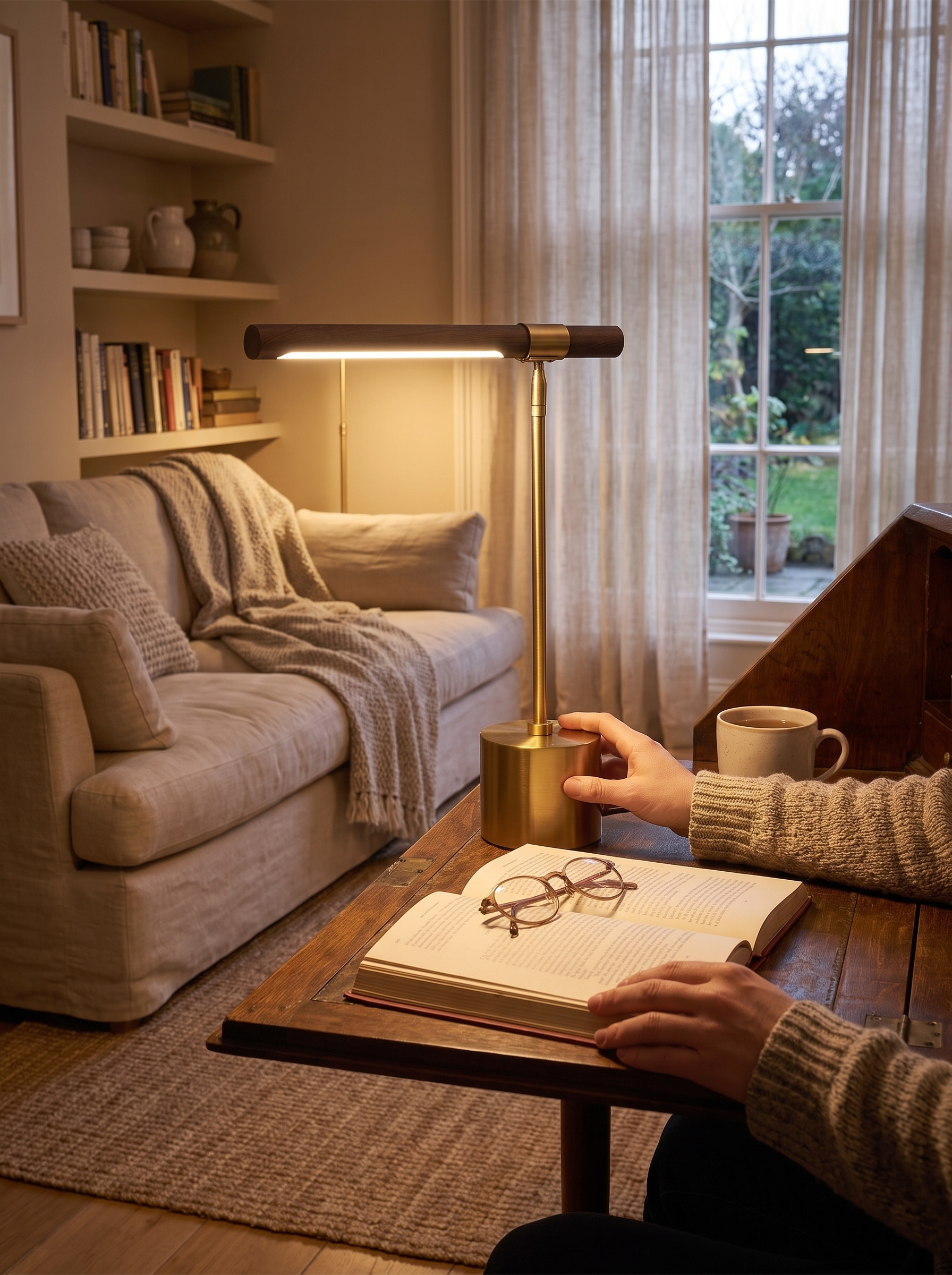 Wood grain table lamp switched on with a simple button