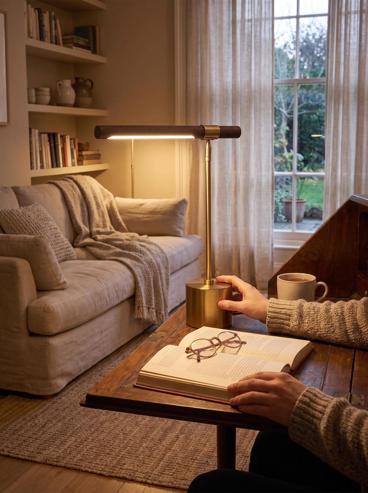 Wood grain table lamp switched on with a simple button