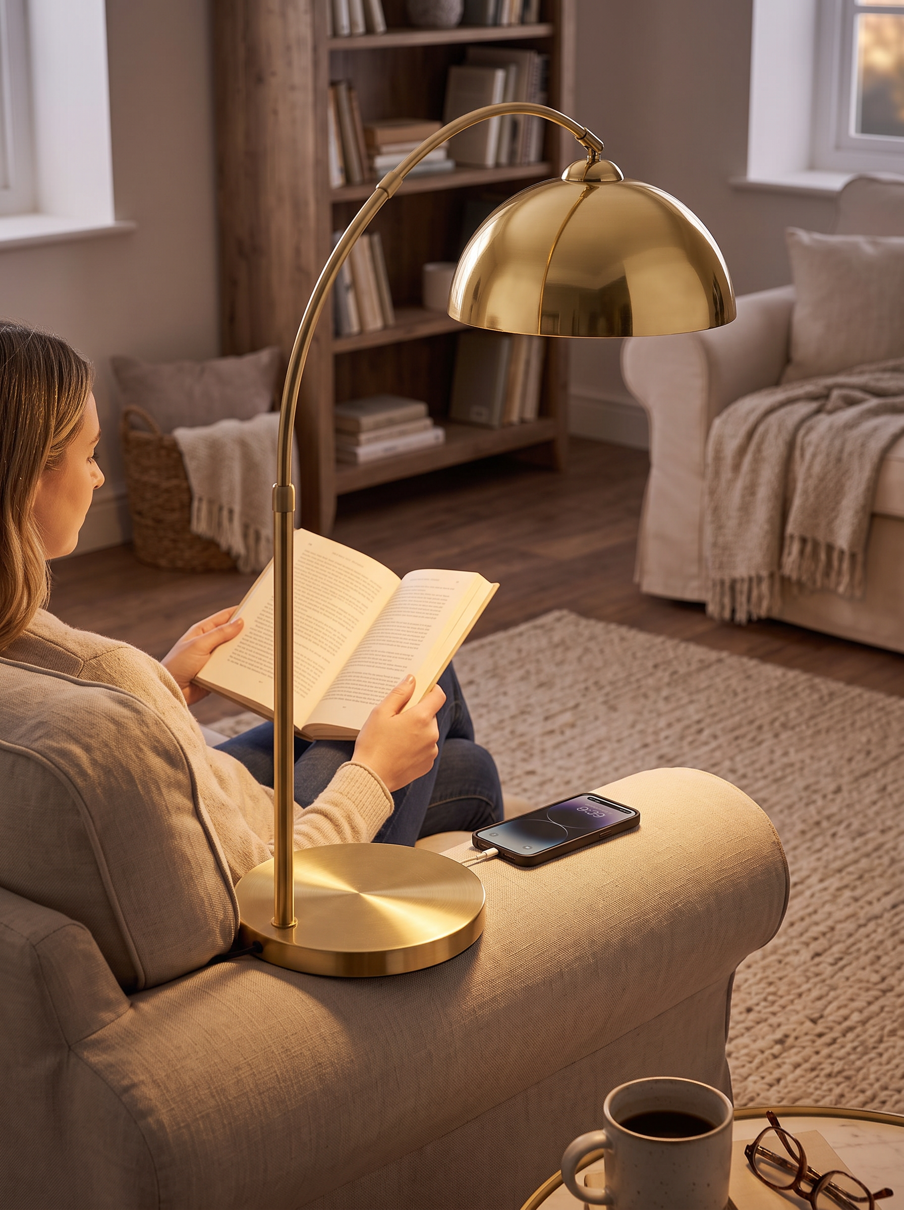 Floor lamp charging a phone on its surface while reading