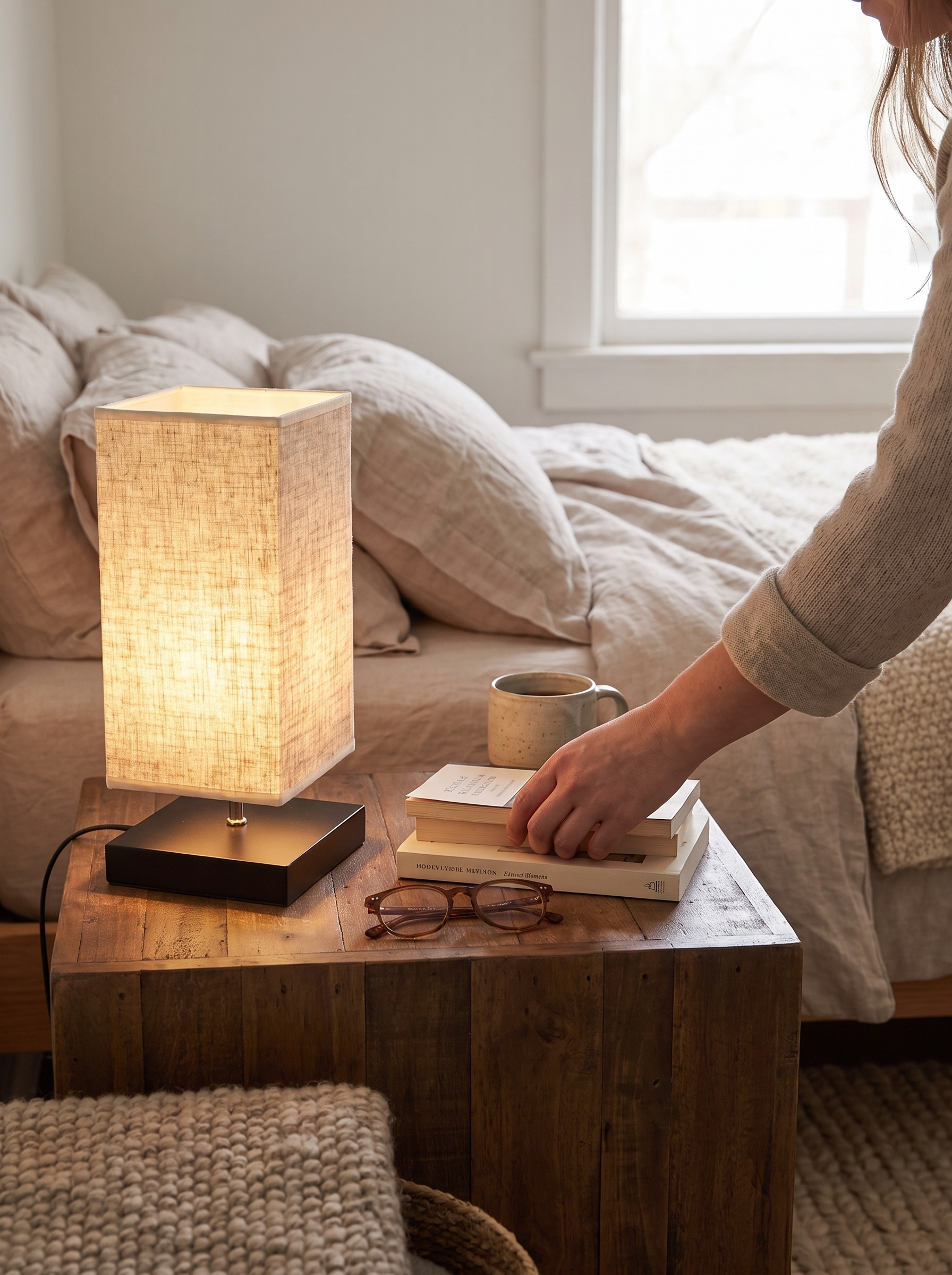 Pleated linen shade lamp catching light across its folds
