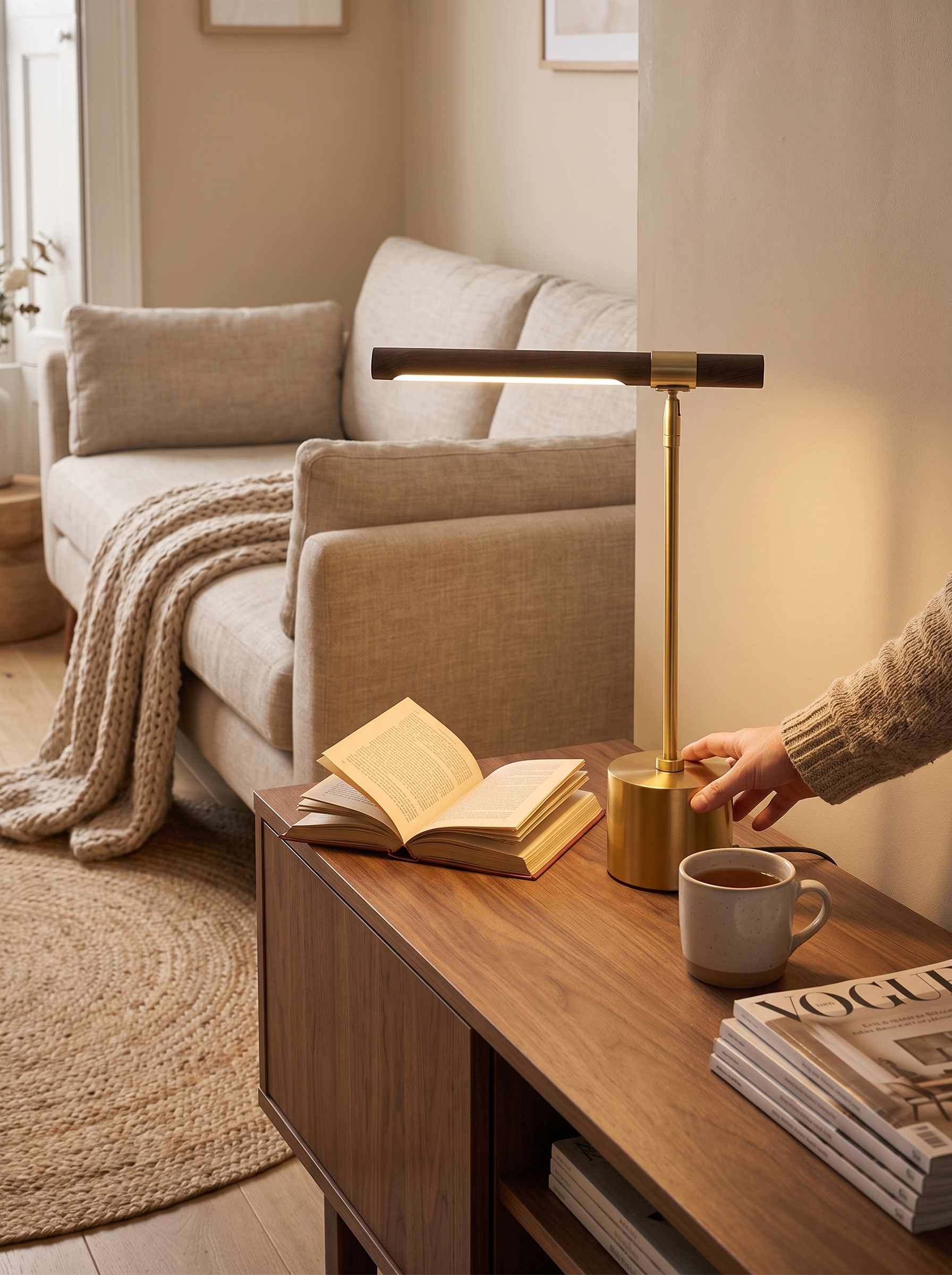 Wood grain table lamp sitting quietly on a desk