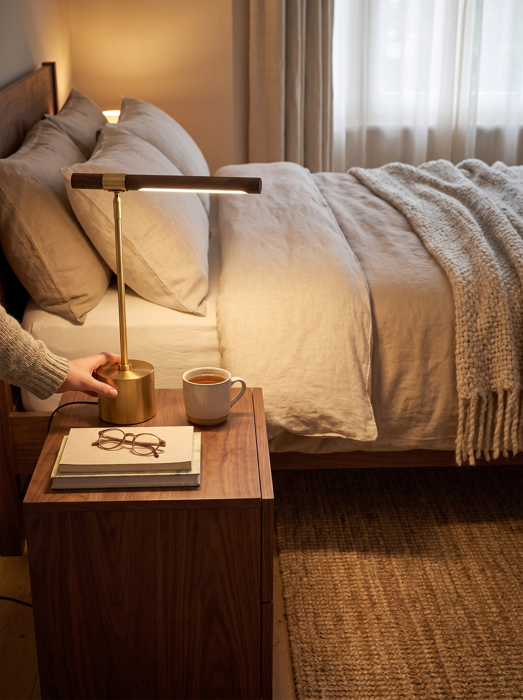 Wood grain table lamp giving warm light beside a bed
