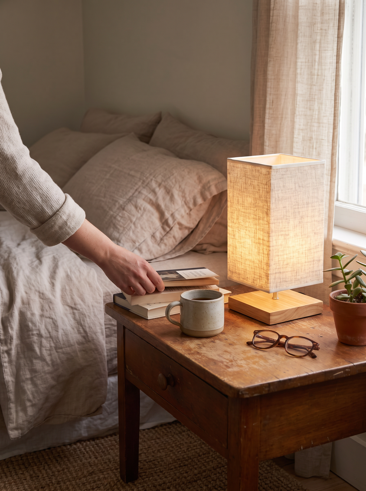 Pleated linen shade lamp on a bamboo base on a console