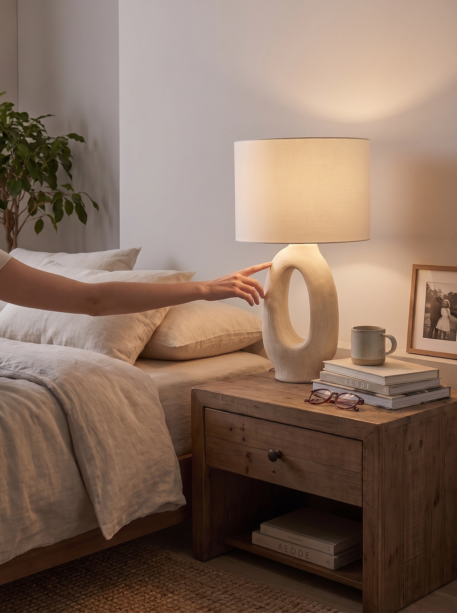 Wabi sabi resin lamp standing solid on a side table