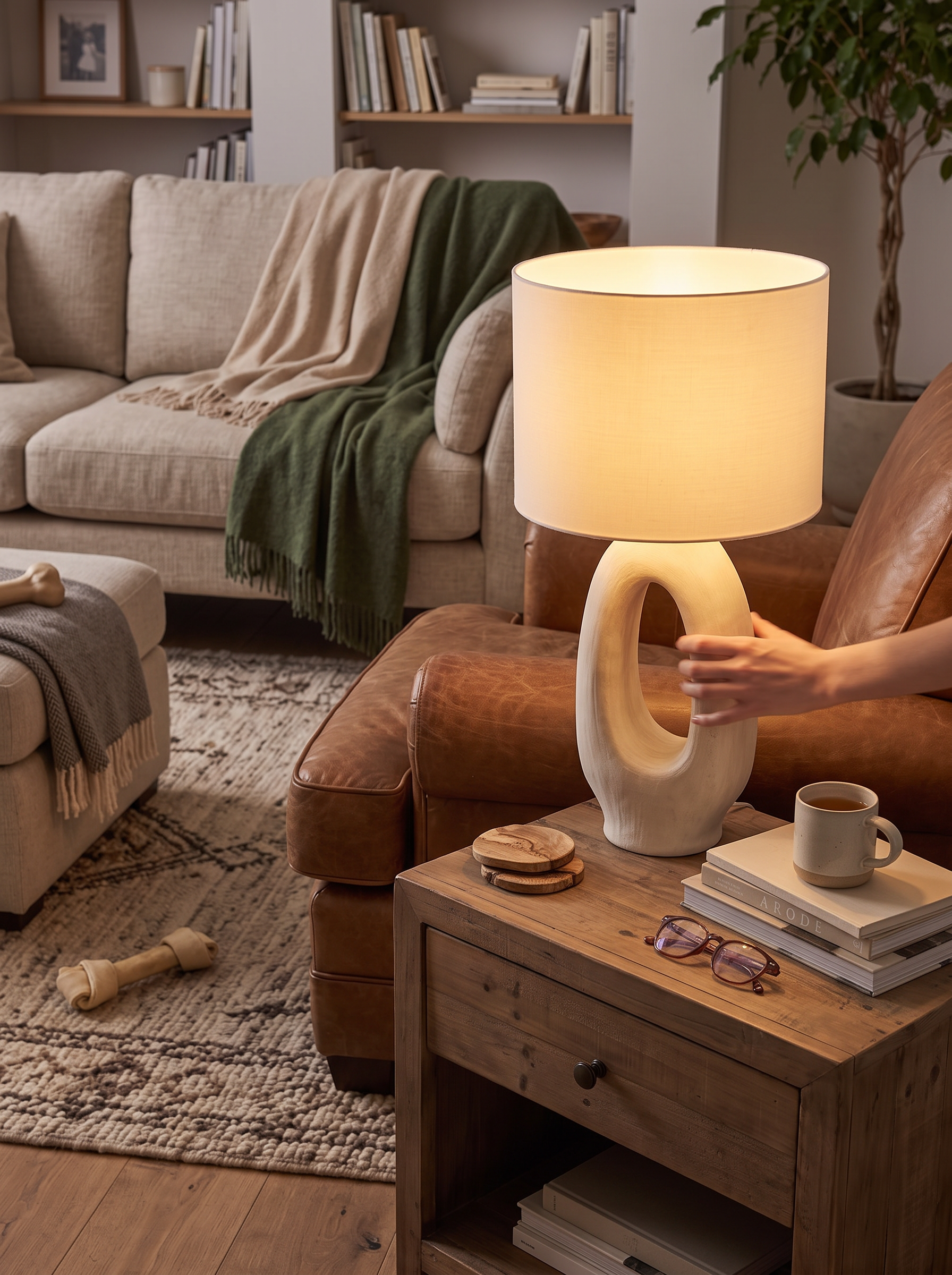 Wabi sabi resin lamp lit warmly in a living room corner