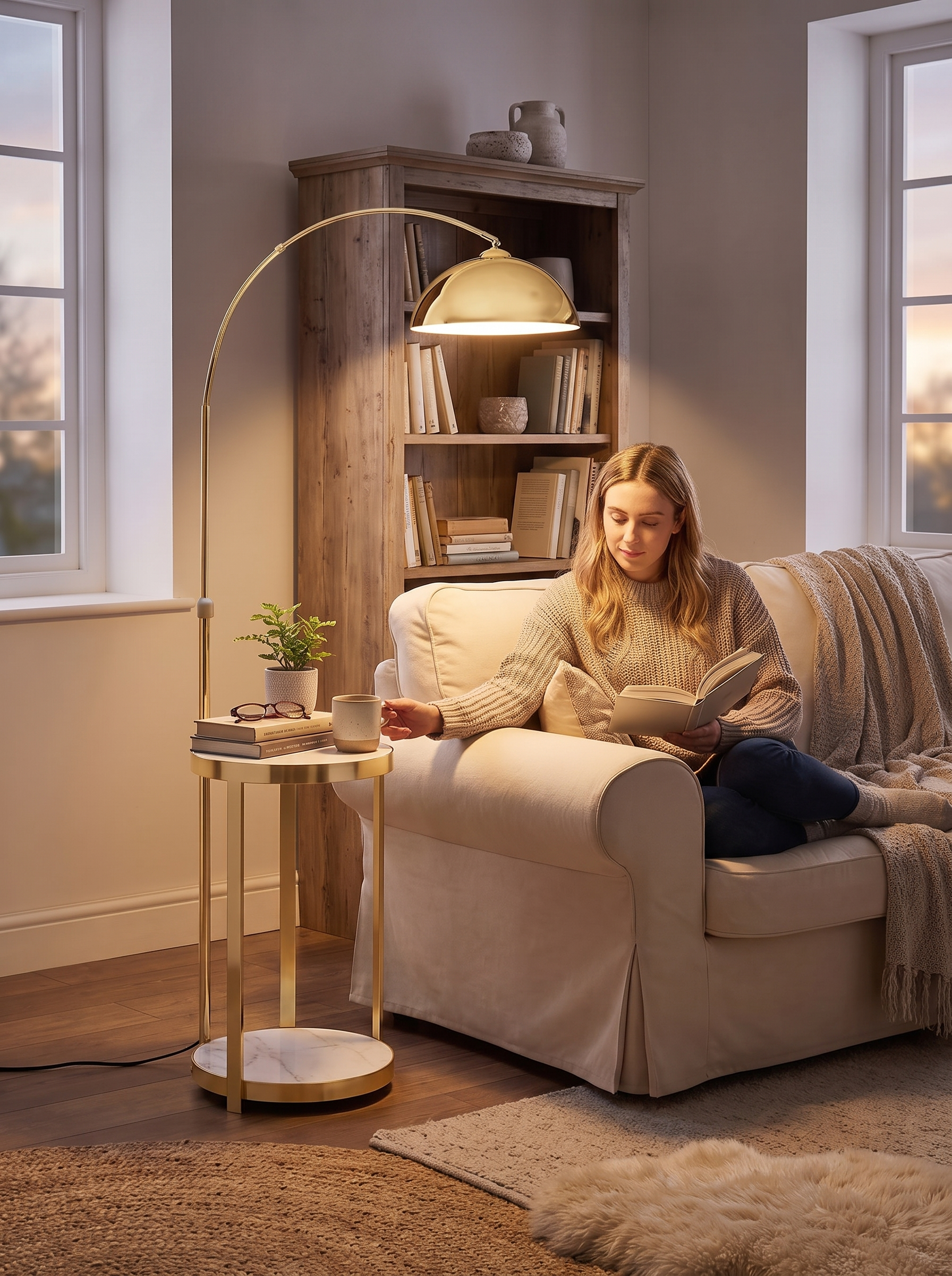 Floor lamp with storage standing beside a sofa