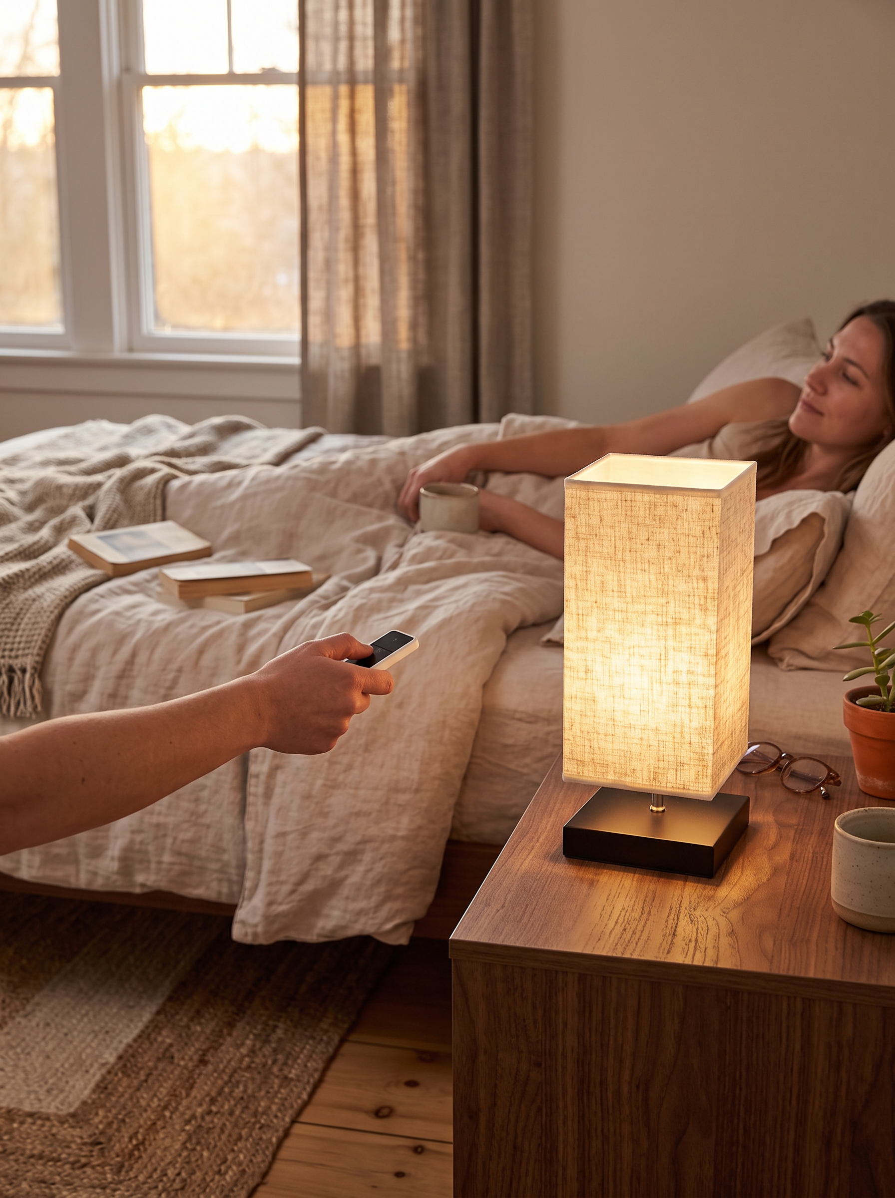 Pleated linen shade lamp lit beside a bed at night