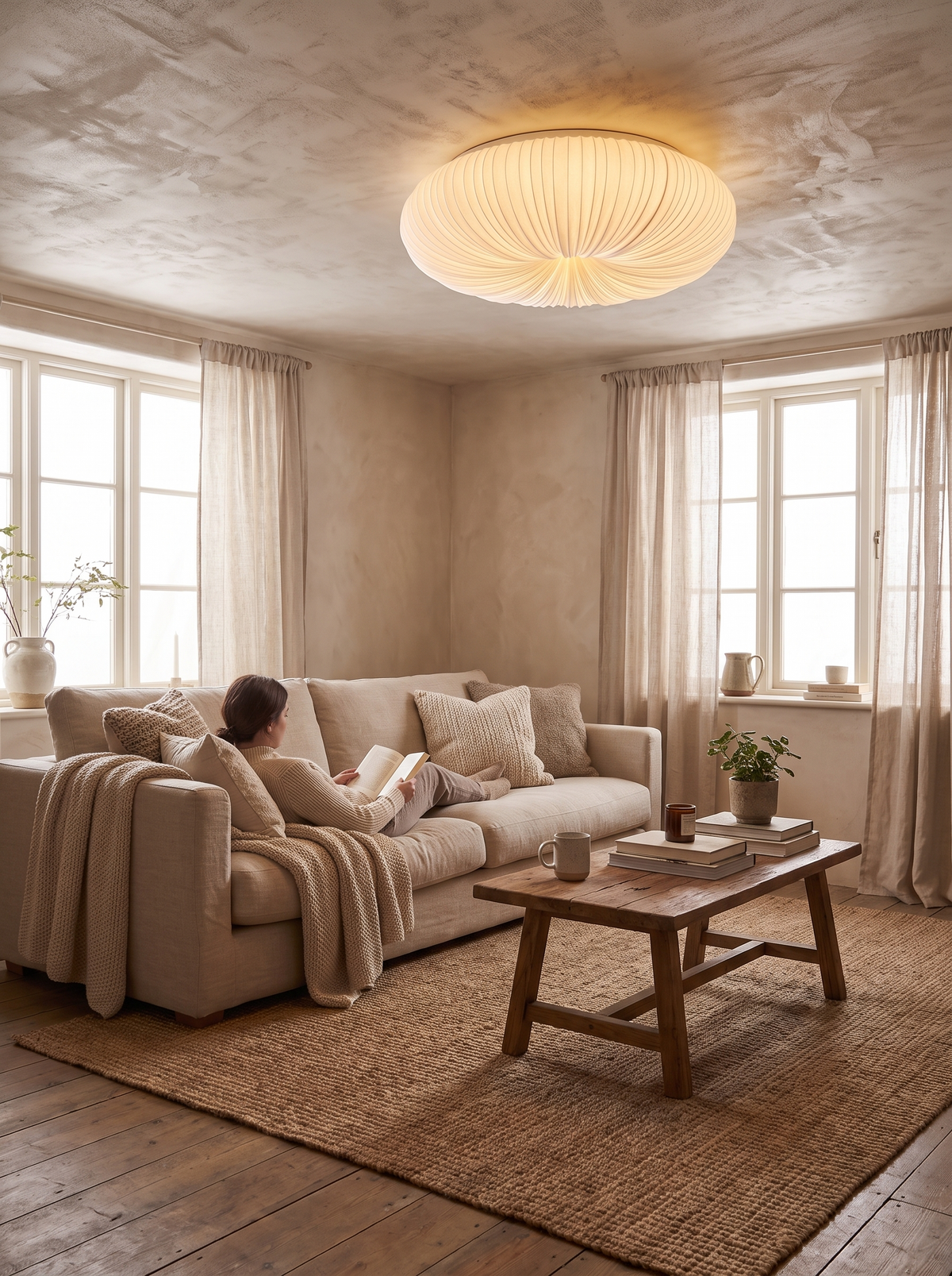 Pumpkin shaped ceiling light as a centrepiece over seating
