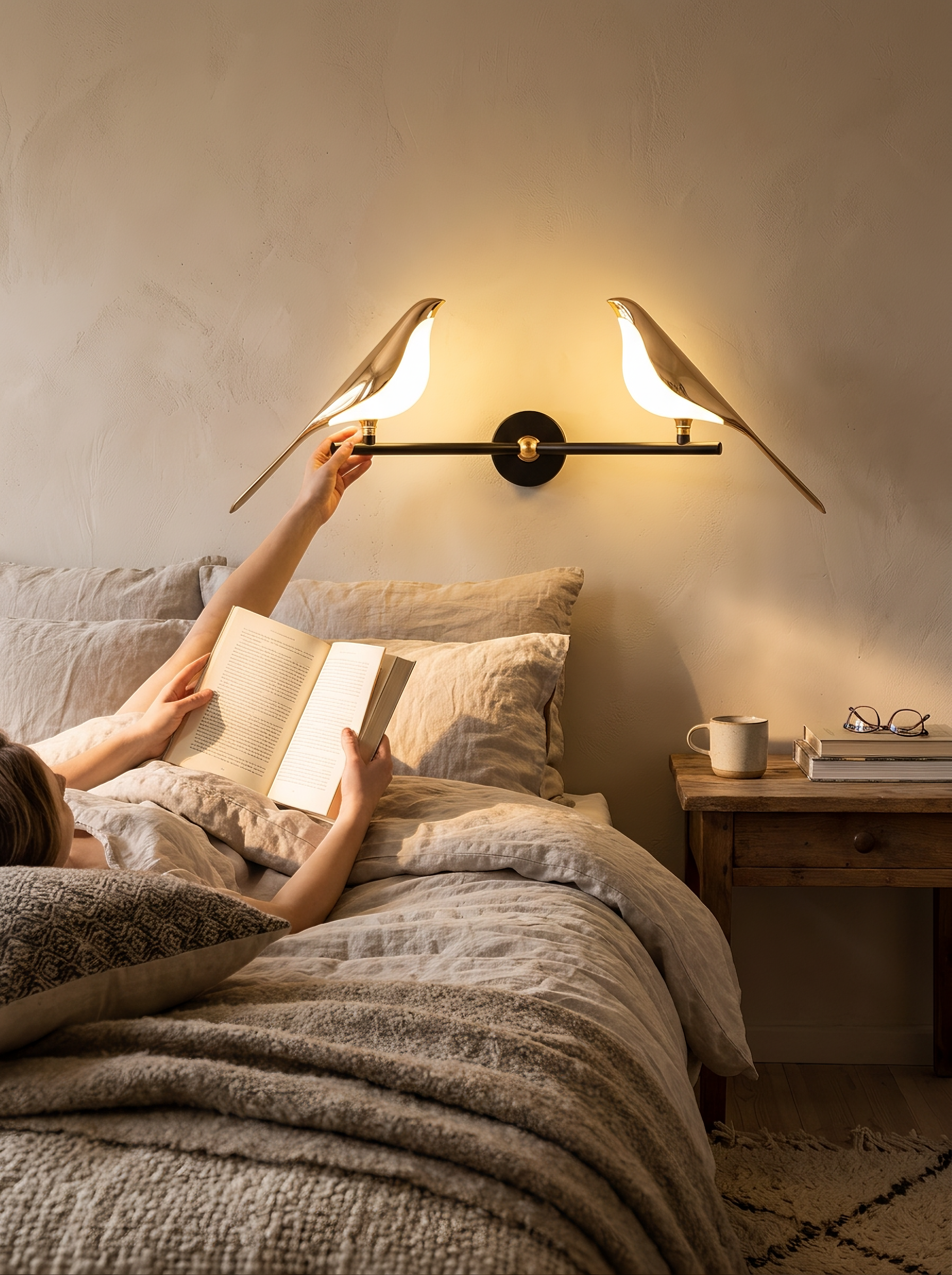 Magpie bird wall light in its double head configuration