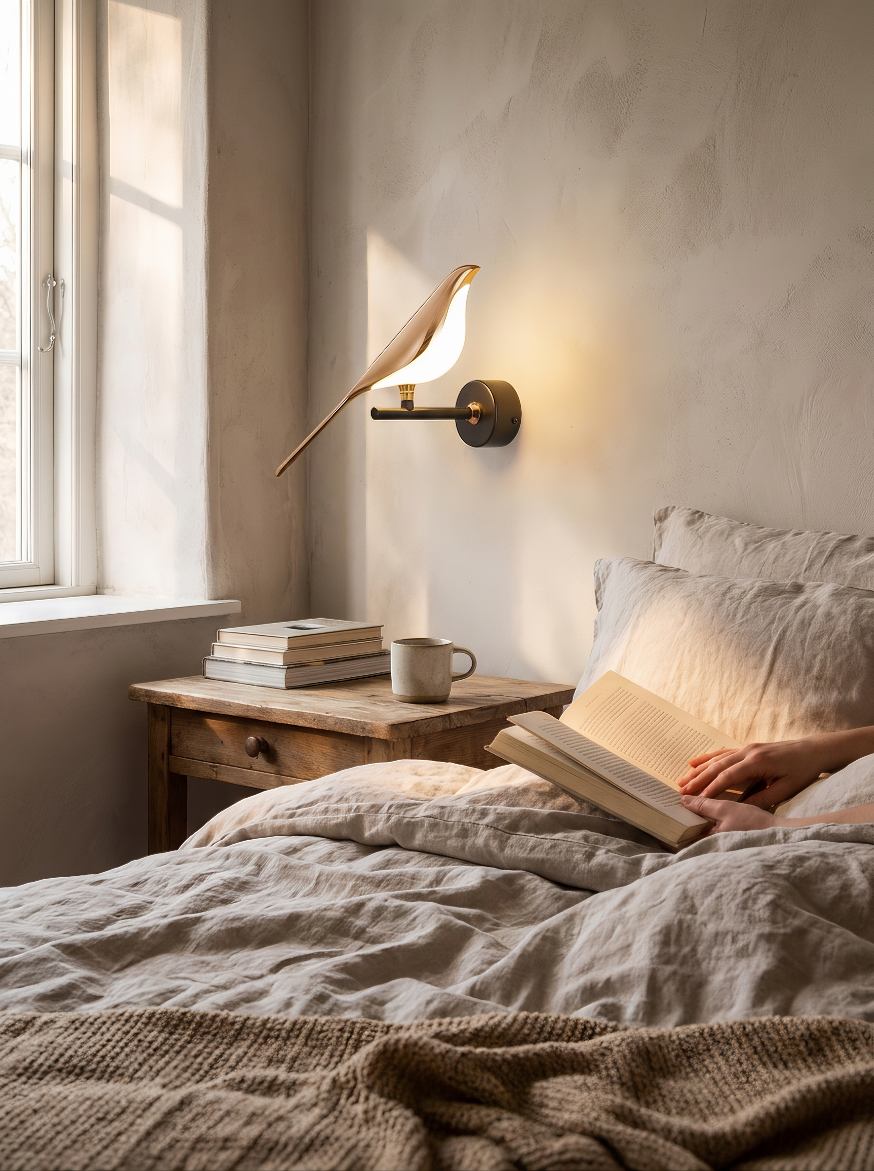 Magpie bird wall light glowing warmly above a nightstand
