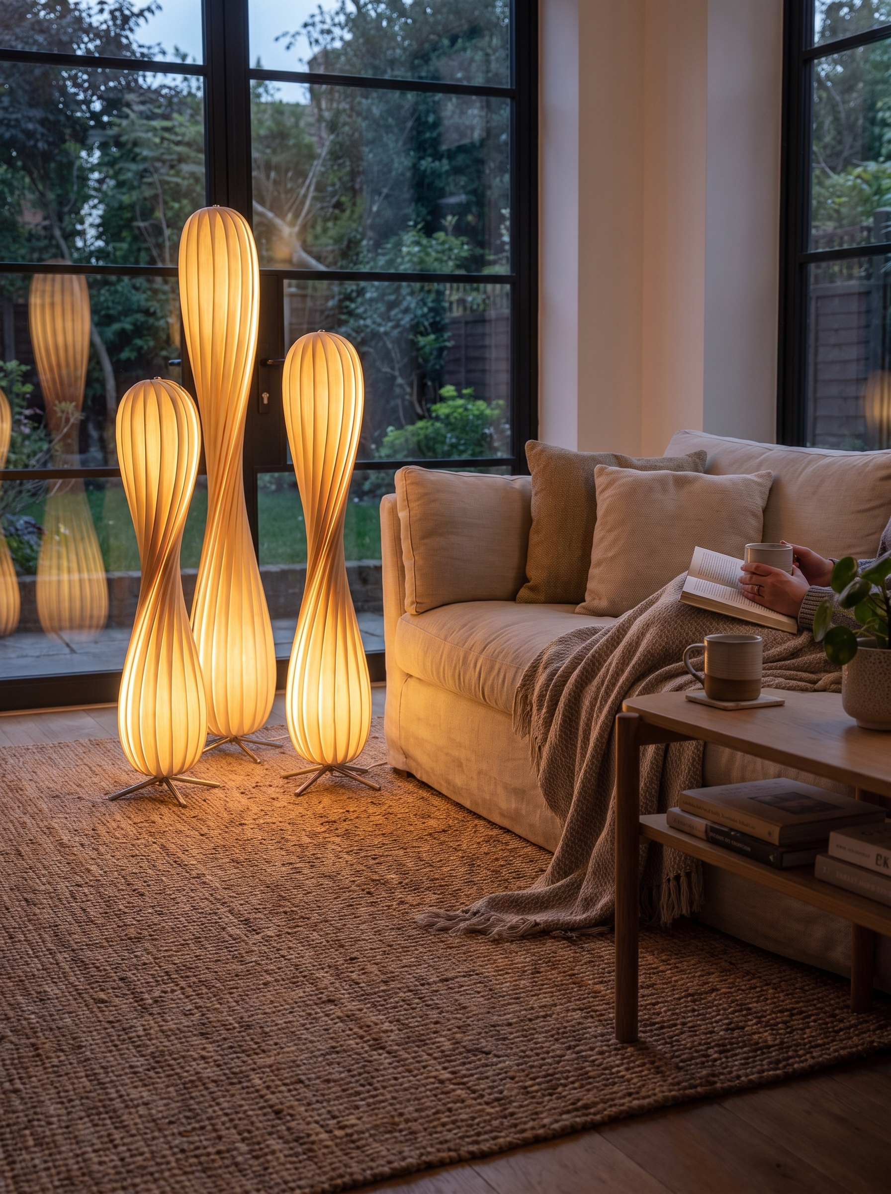 Wood veneer lamp giving warm evening light