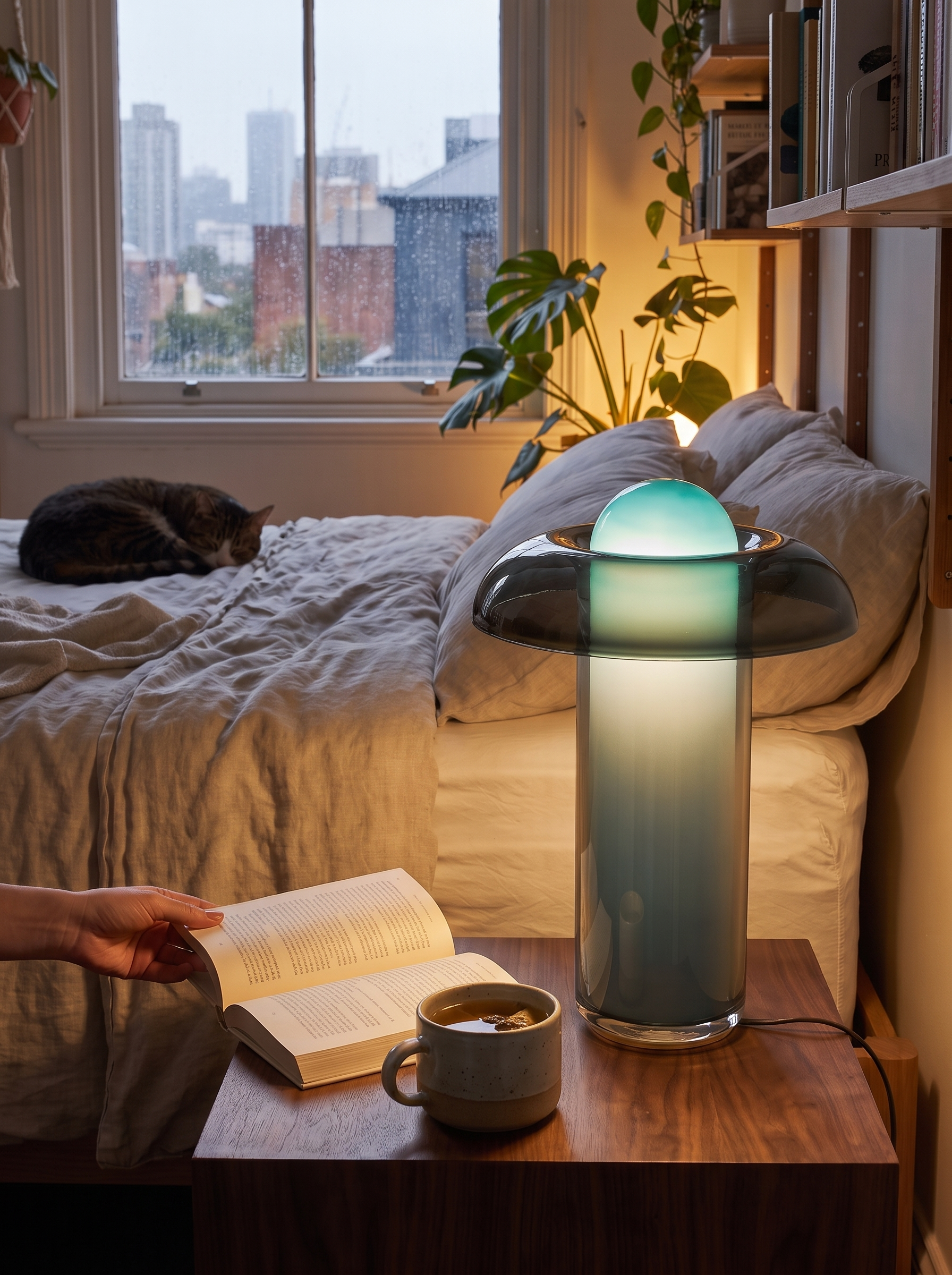 Glass table lamp holding a low glow late in the evening