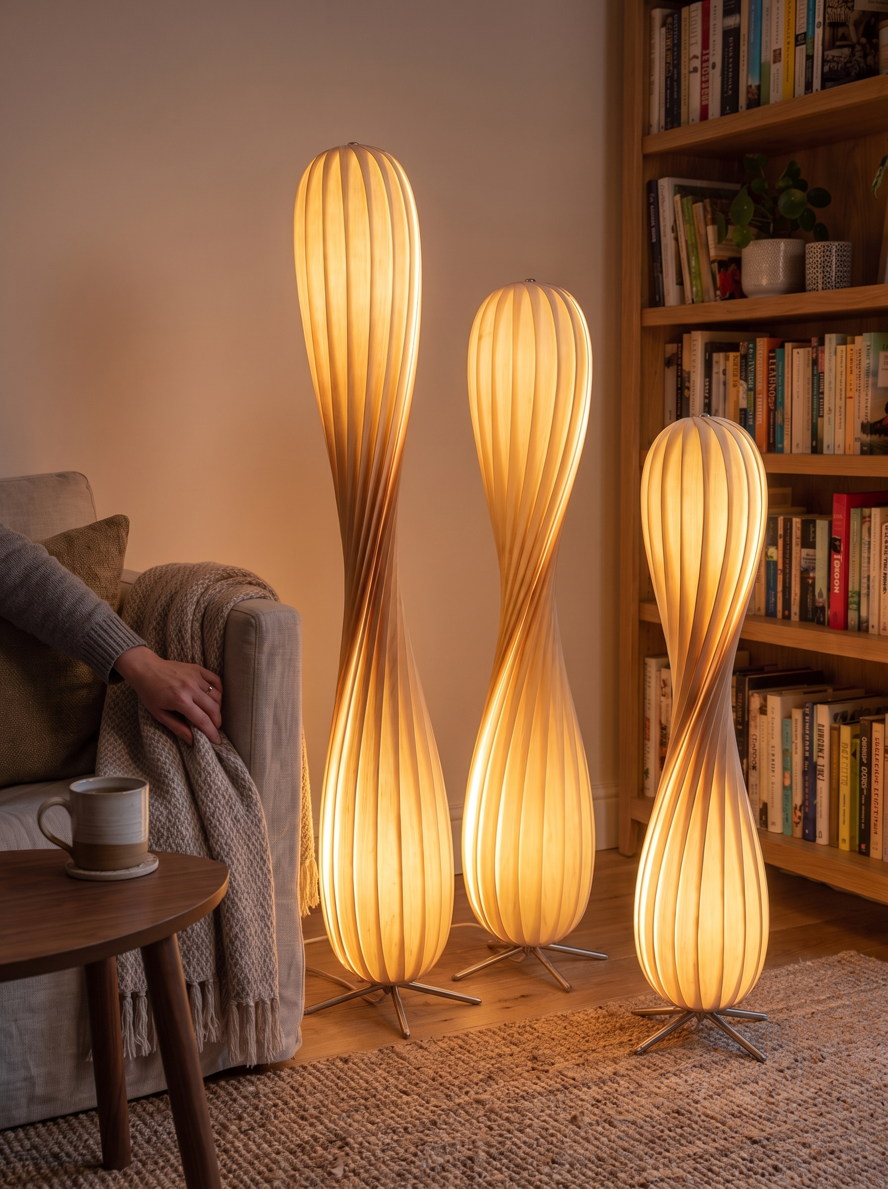 Wood veneer lamp with light passing through the timber shade
