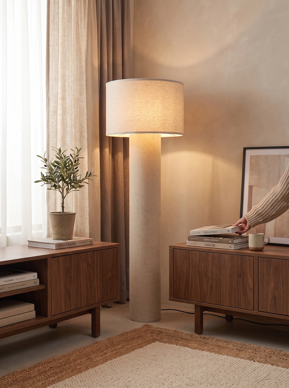 Fabric floor lamp giving a soft even wash of light