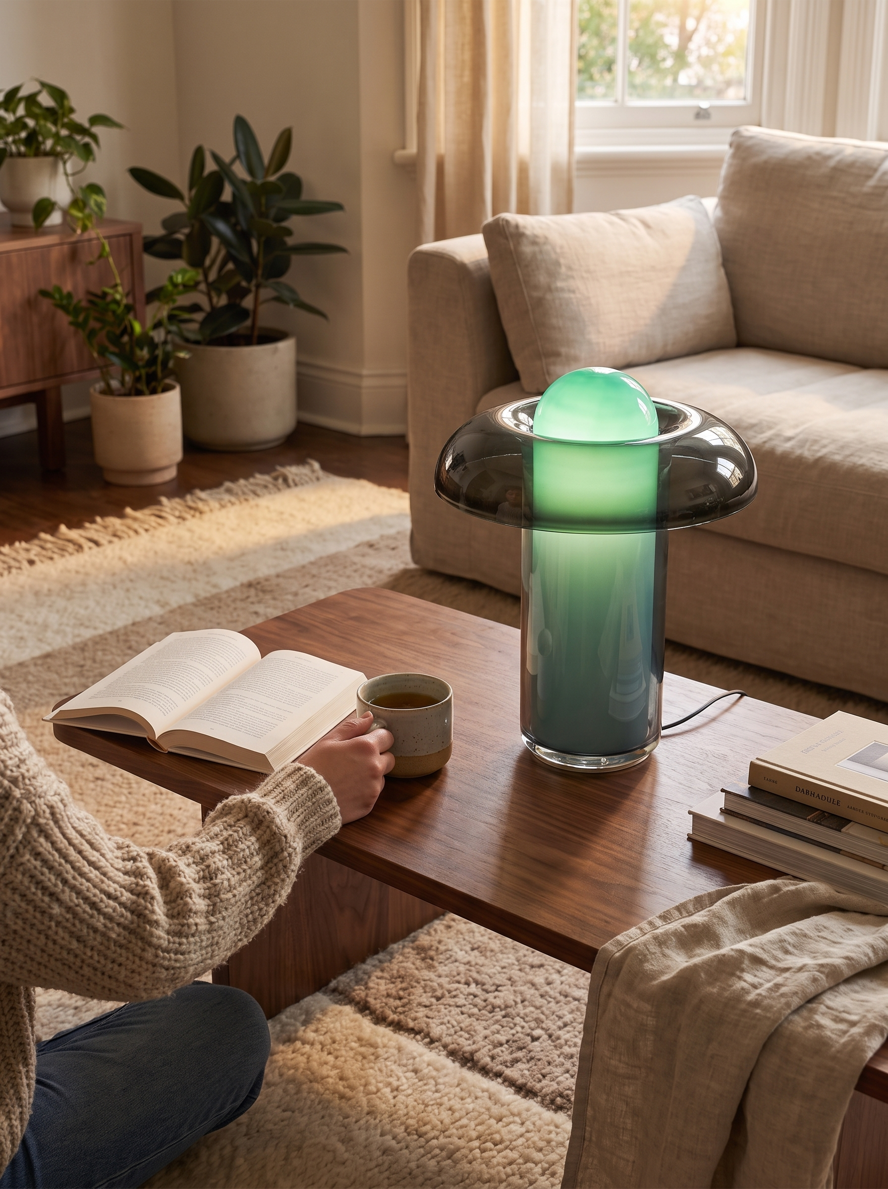 Glass table lamp with green detailing catching the light