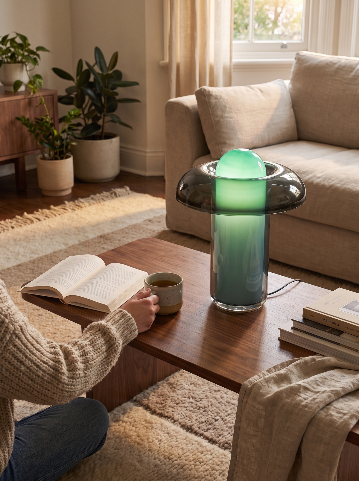 Glass table lamp with green detailing catching the light