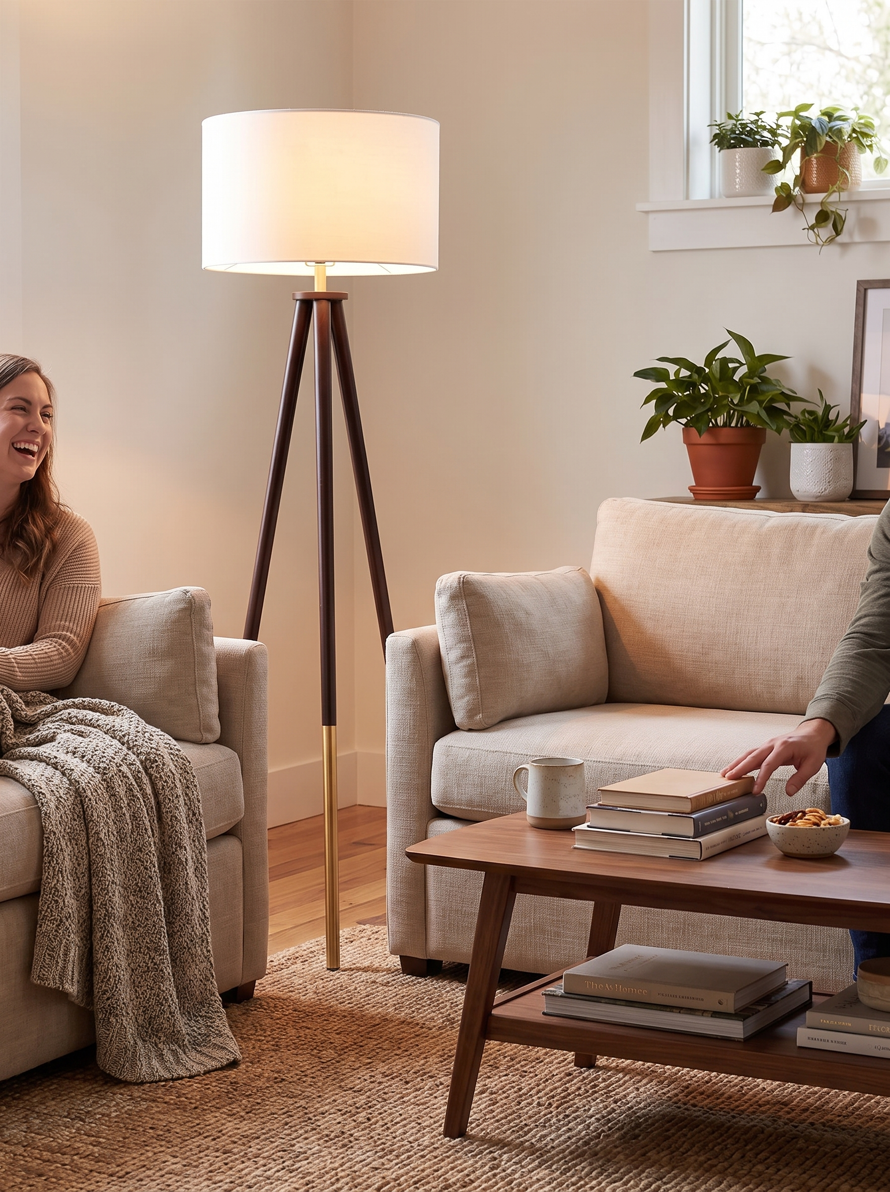 Tripod floor lamp lighting a whole seating group