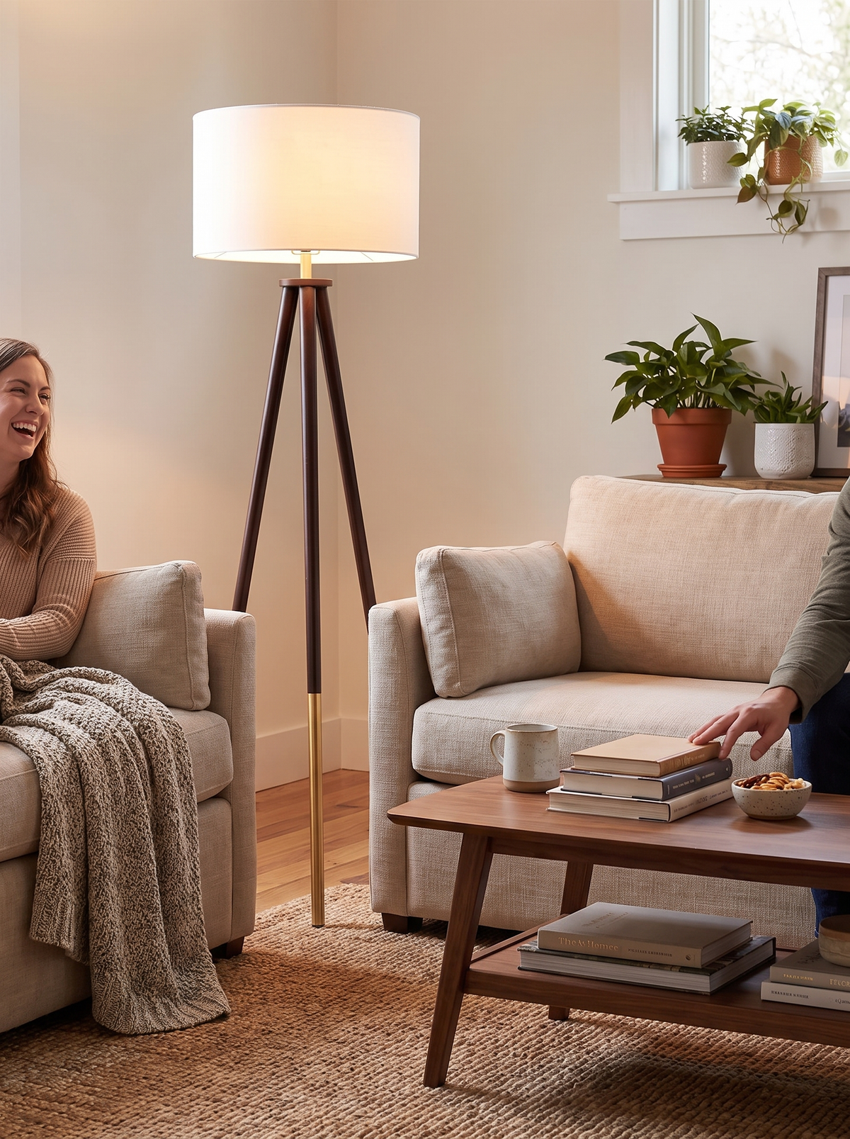 Tripod floor lamp lighting a whole seating group