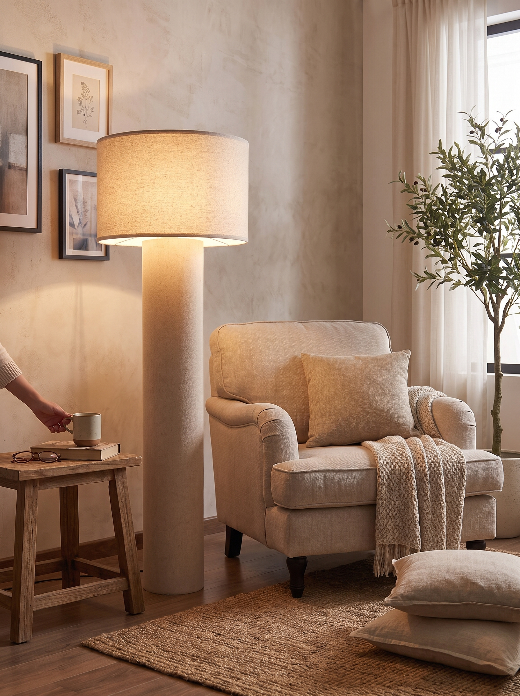 Fabric floor lamp set to reading height beside a chair