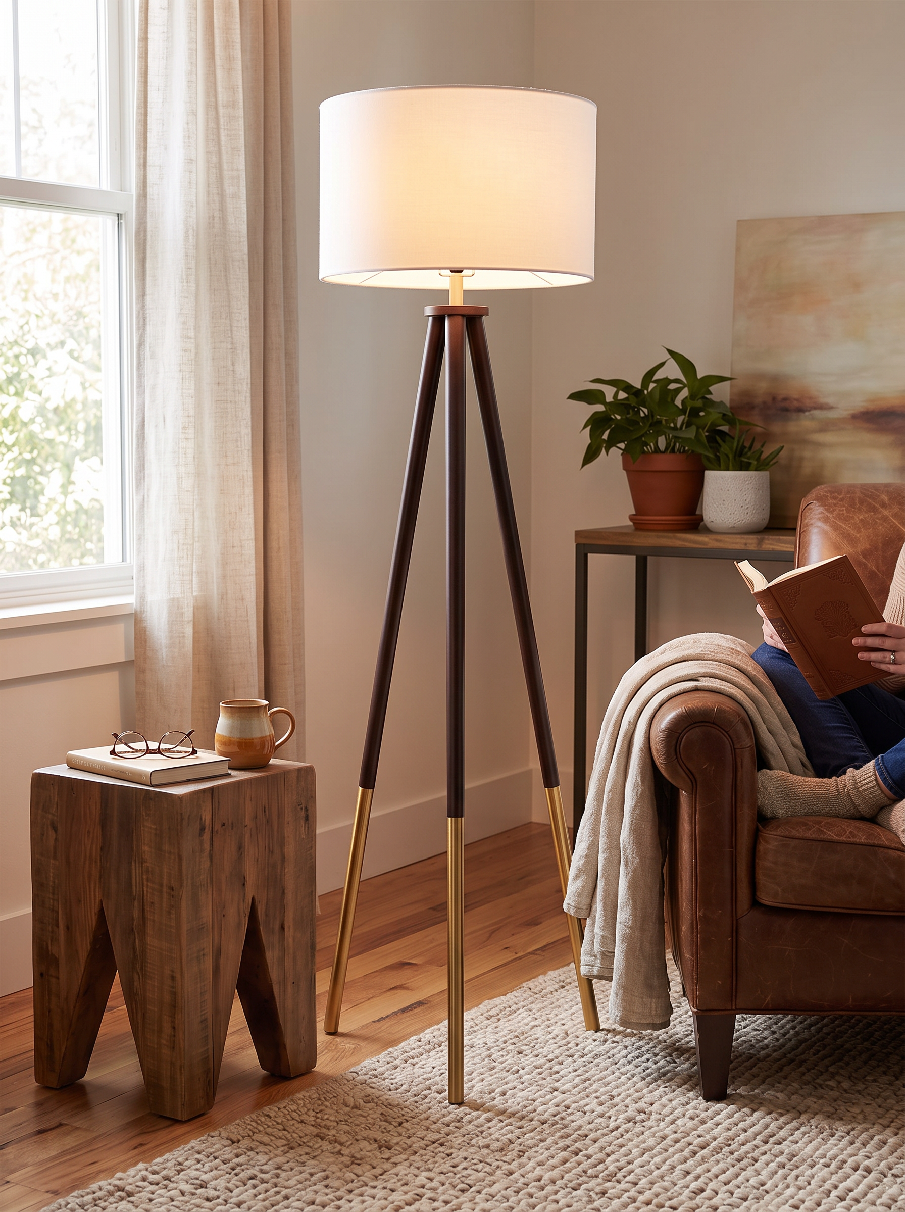 Tripod floor lamp standing steady on a textured rug