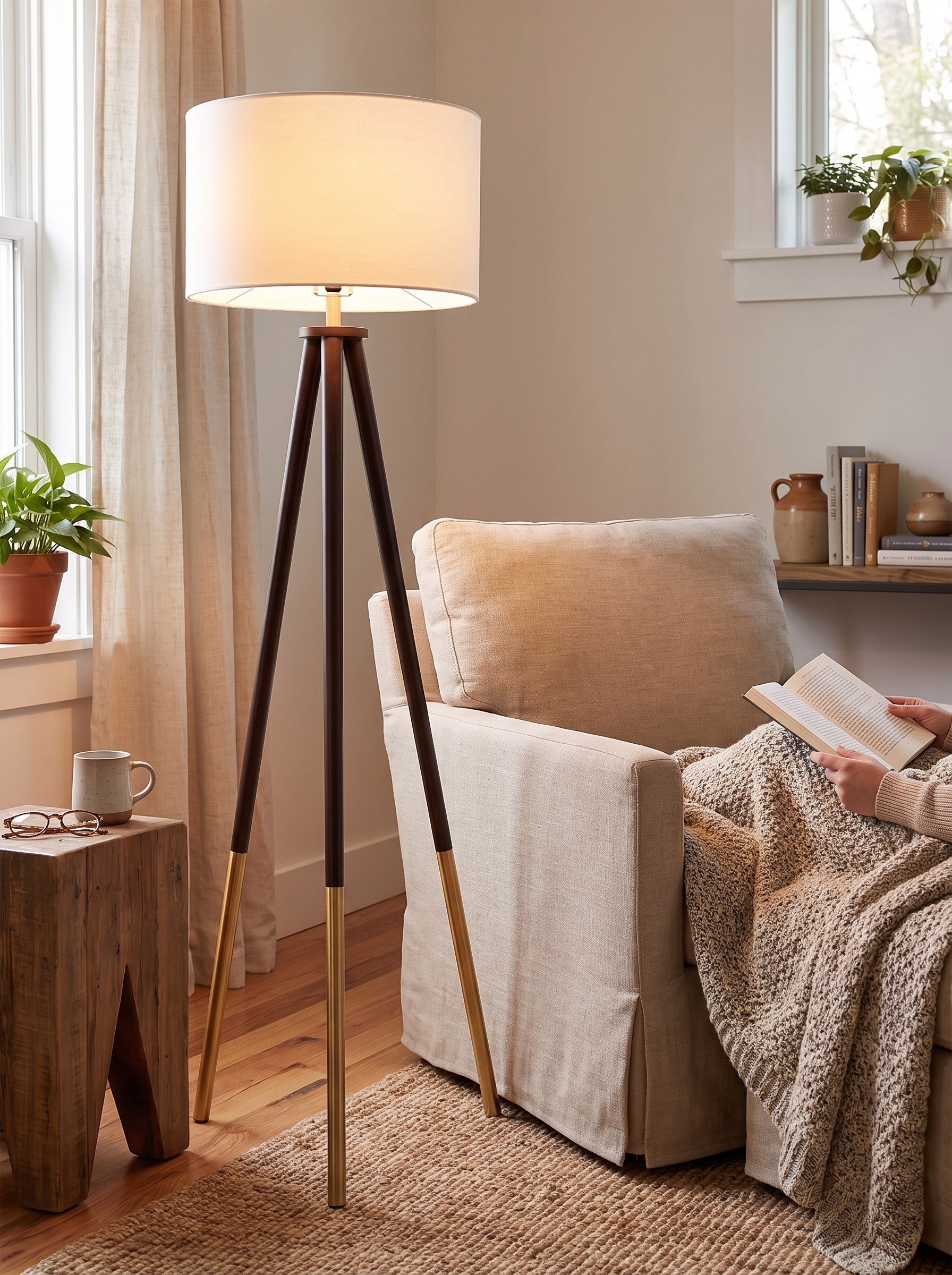Tripod floor lamp with a linen cloth shade