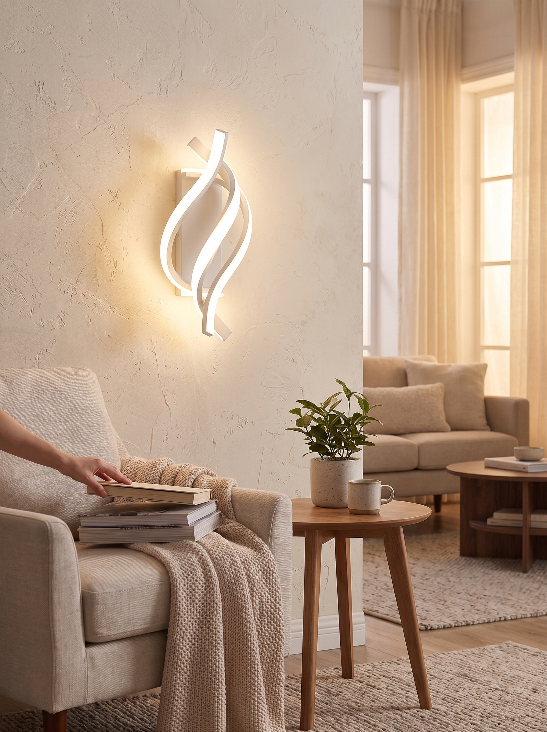 Aluminium wall light in a warm gold finish on a pale wall