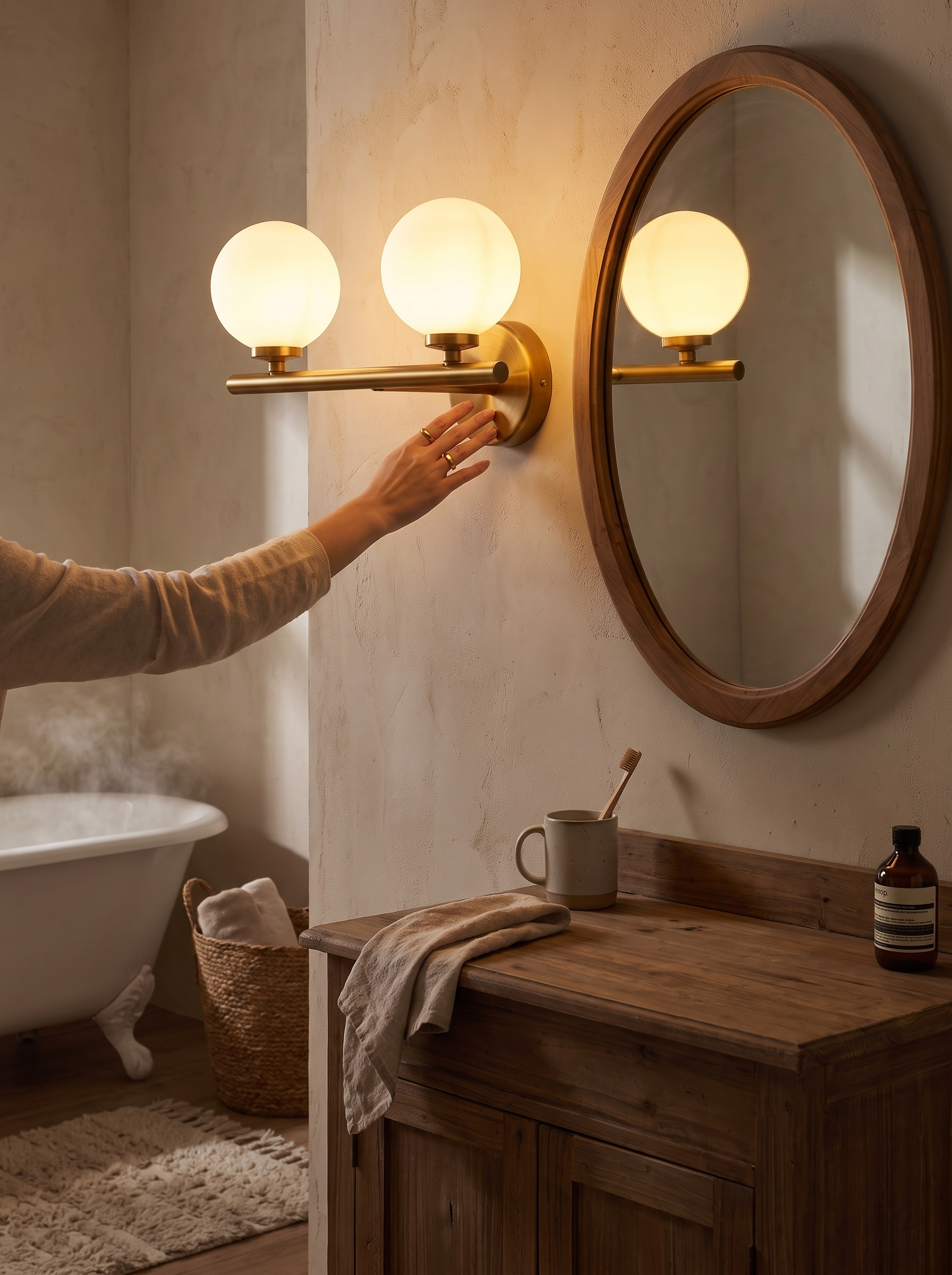 Gold glass wall light glowing warmly after dark