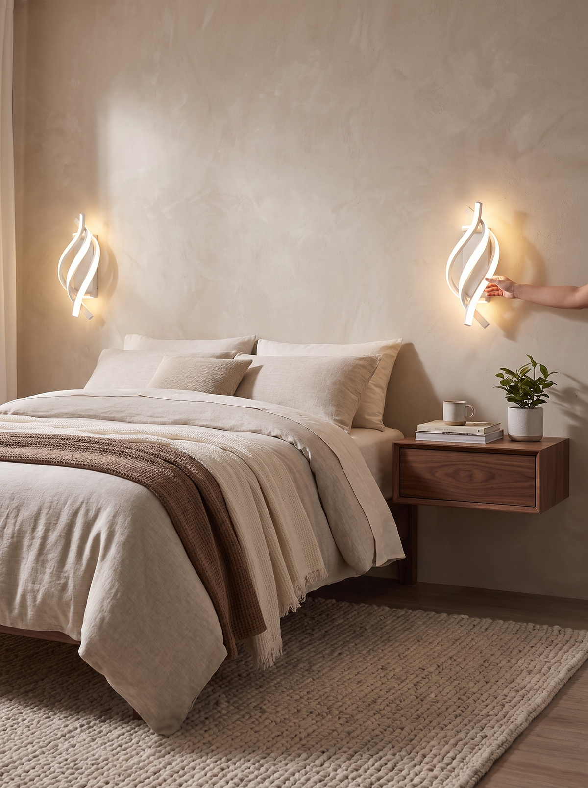 A pair of aluminium wall lights either side of a bed