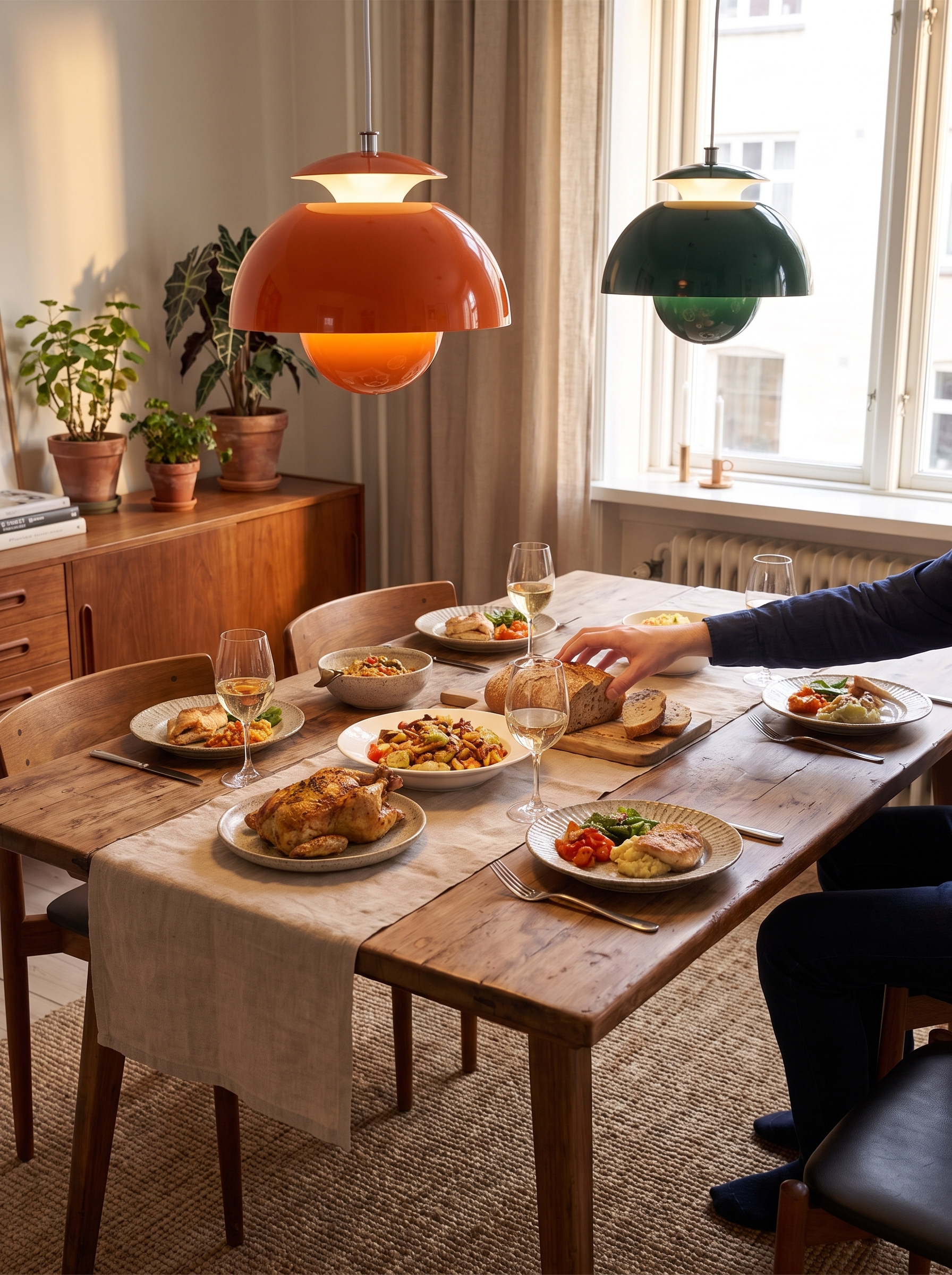 Bauhaus bud shade pendant hanging over a dining table