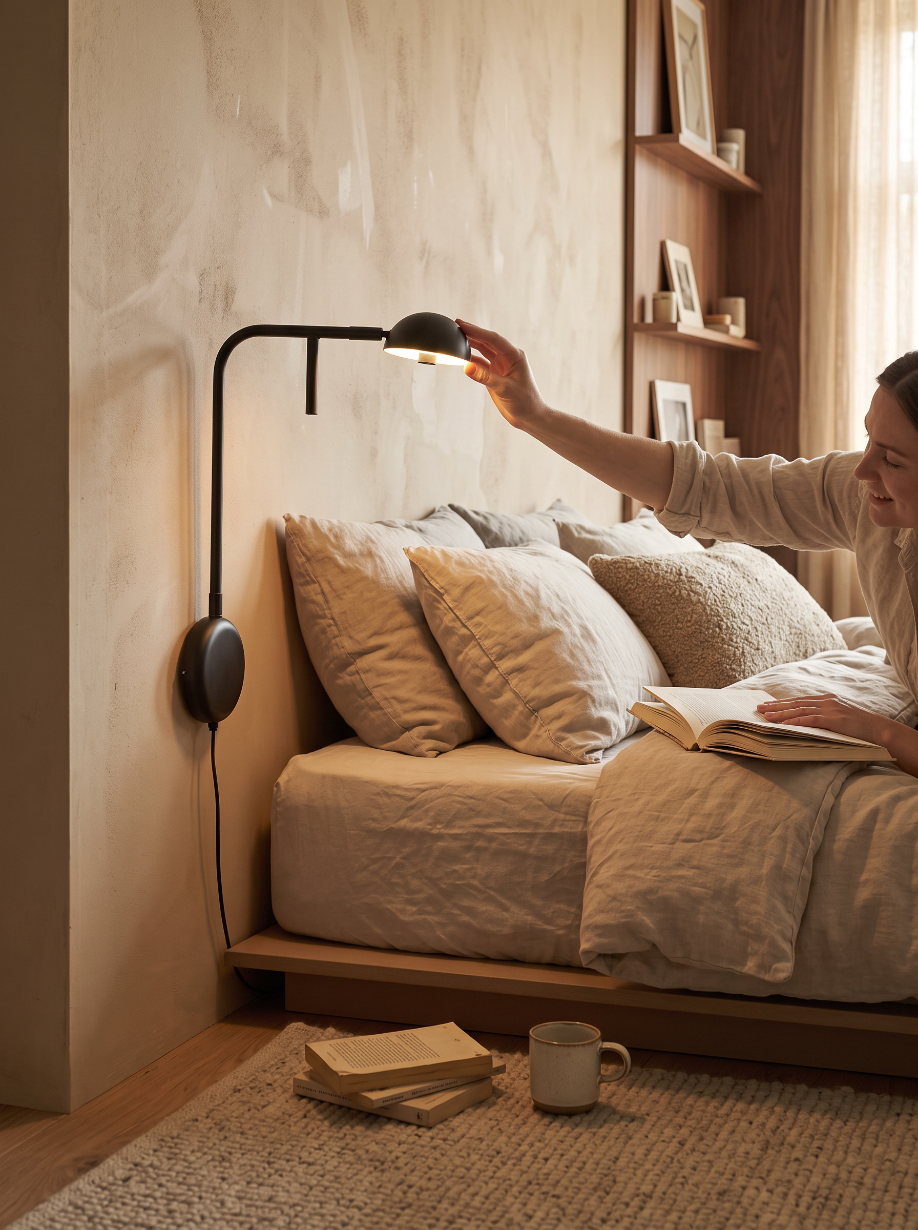 Adjustable wall light used as a bedside reading light