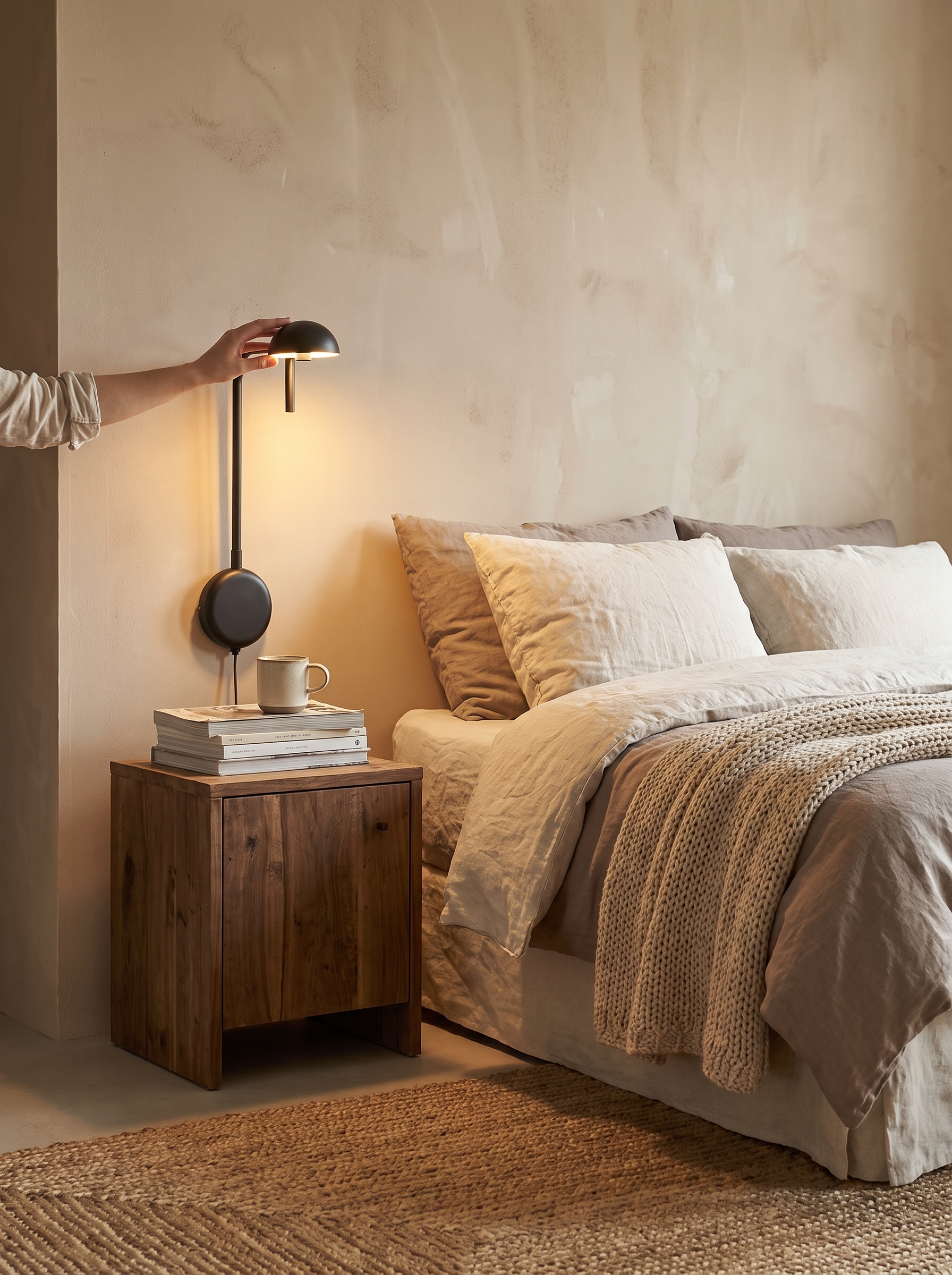 Matte black adjustable wall light close against the plaster