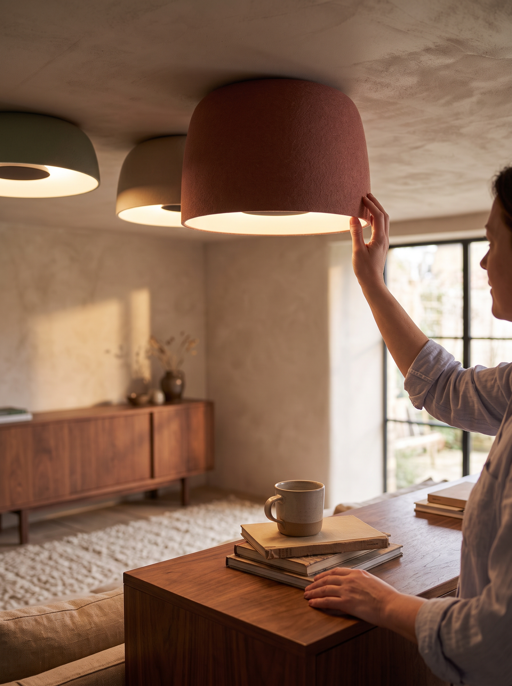 Macaron drum ceiling light containing an even wash of light