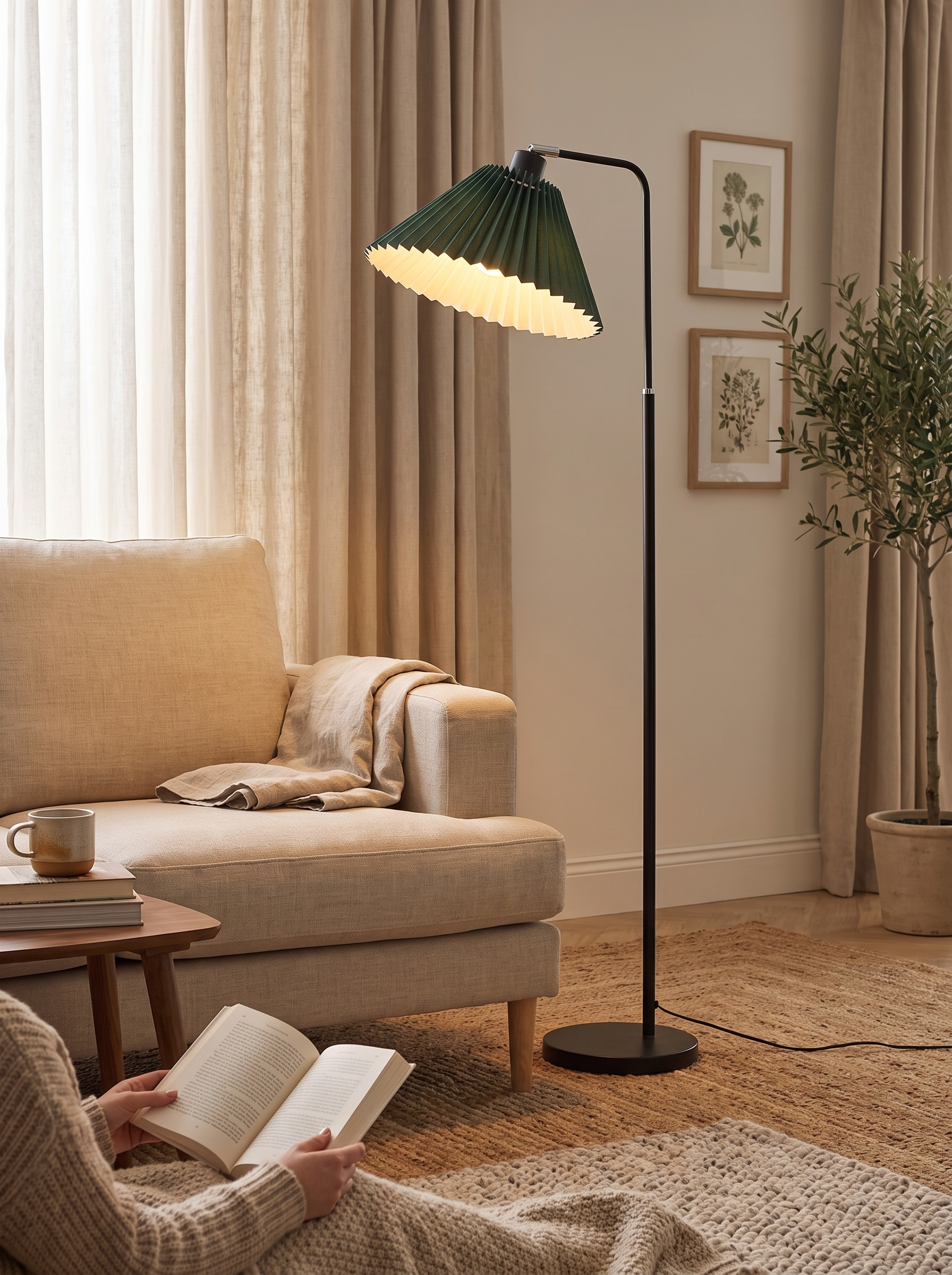 Pleated parchment floor lamp softening the light in a corner