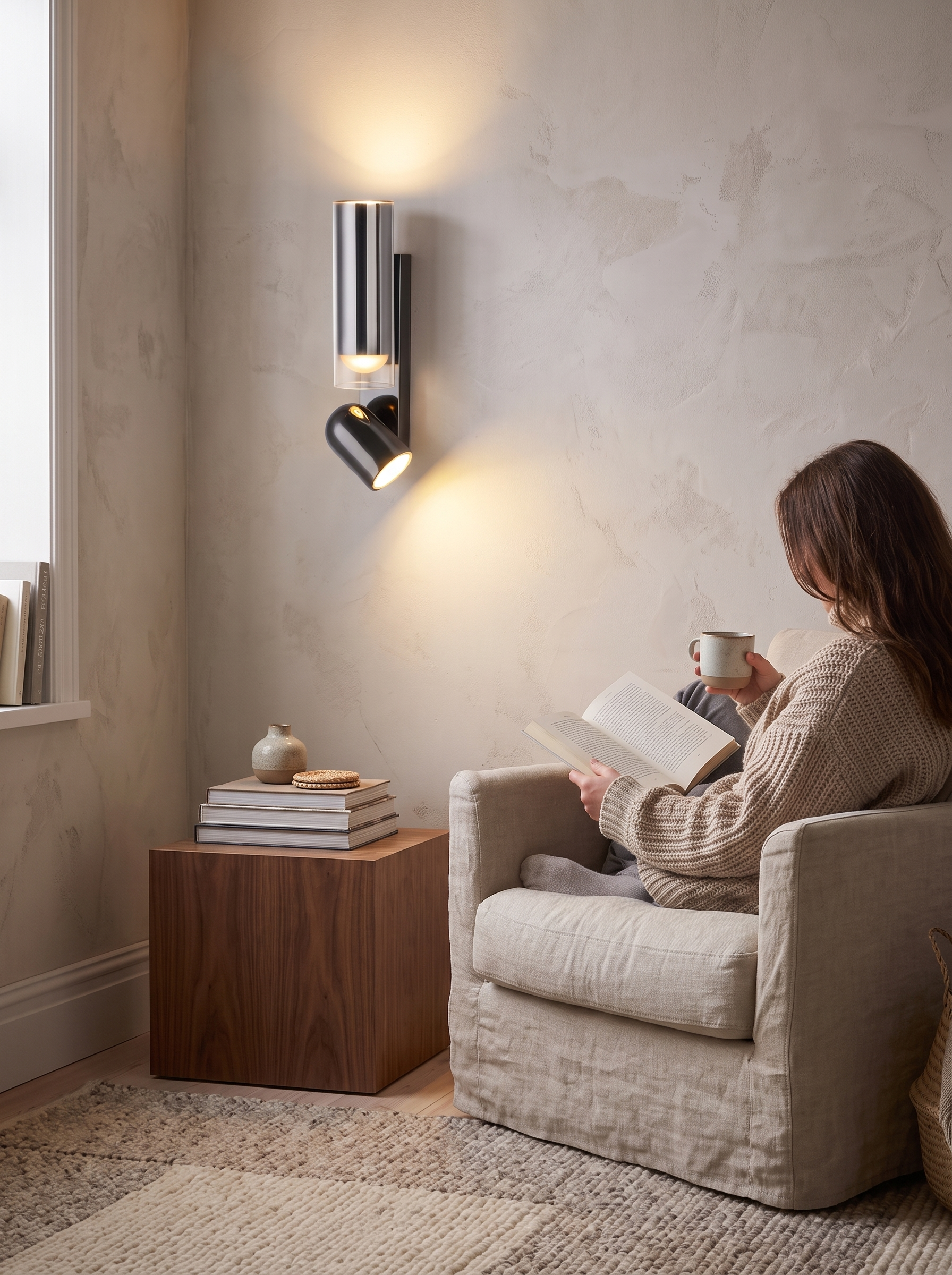 Rotating cylindrical wall light turned to wash the wall