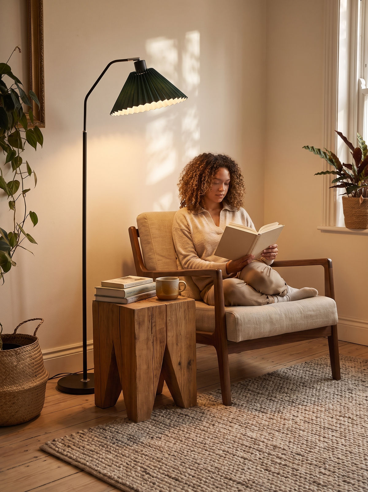 Slim stemmed pleated floor lamp taking up little floor space