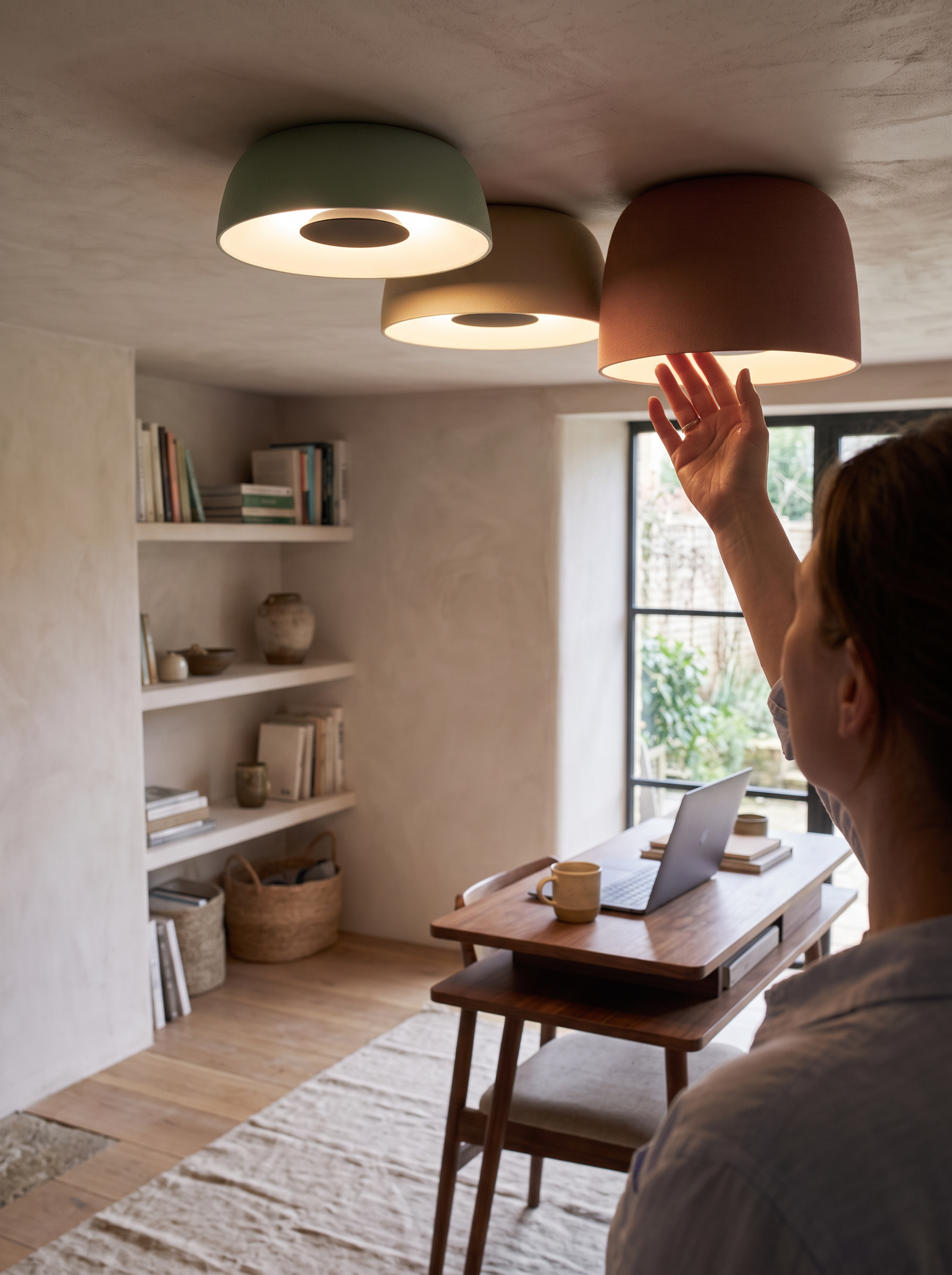 Drum ceiling light hanging low over a dining table