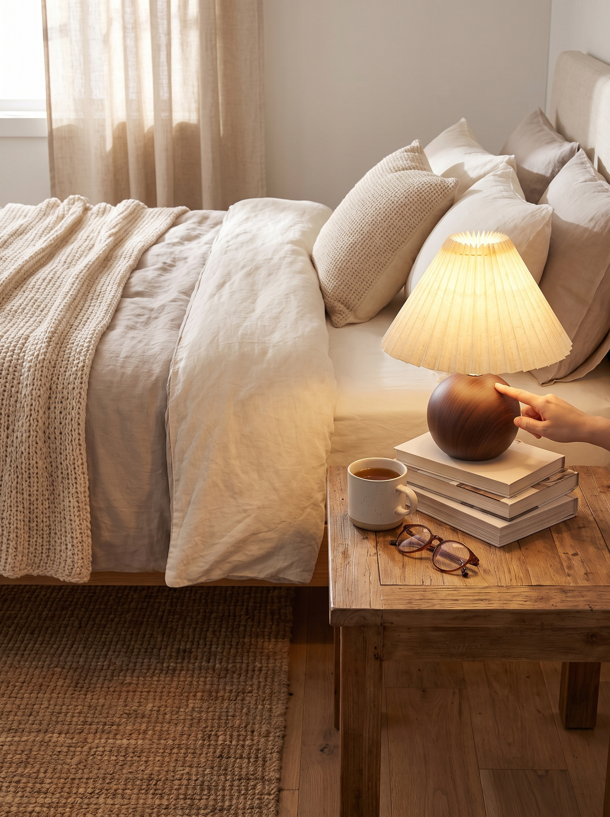 Ceramic bedside lamp switched by remote from the bed