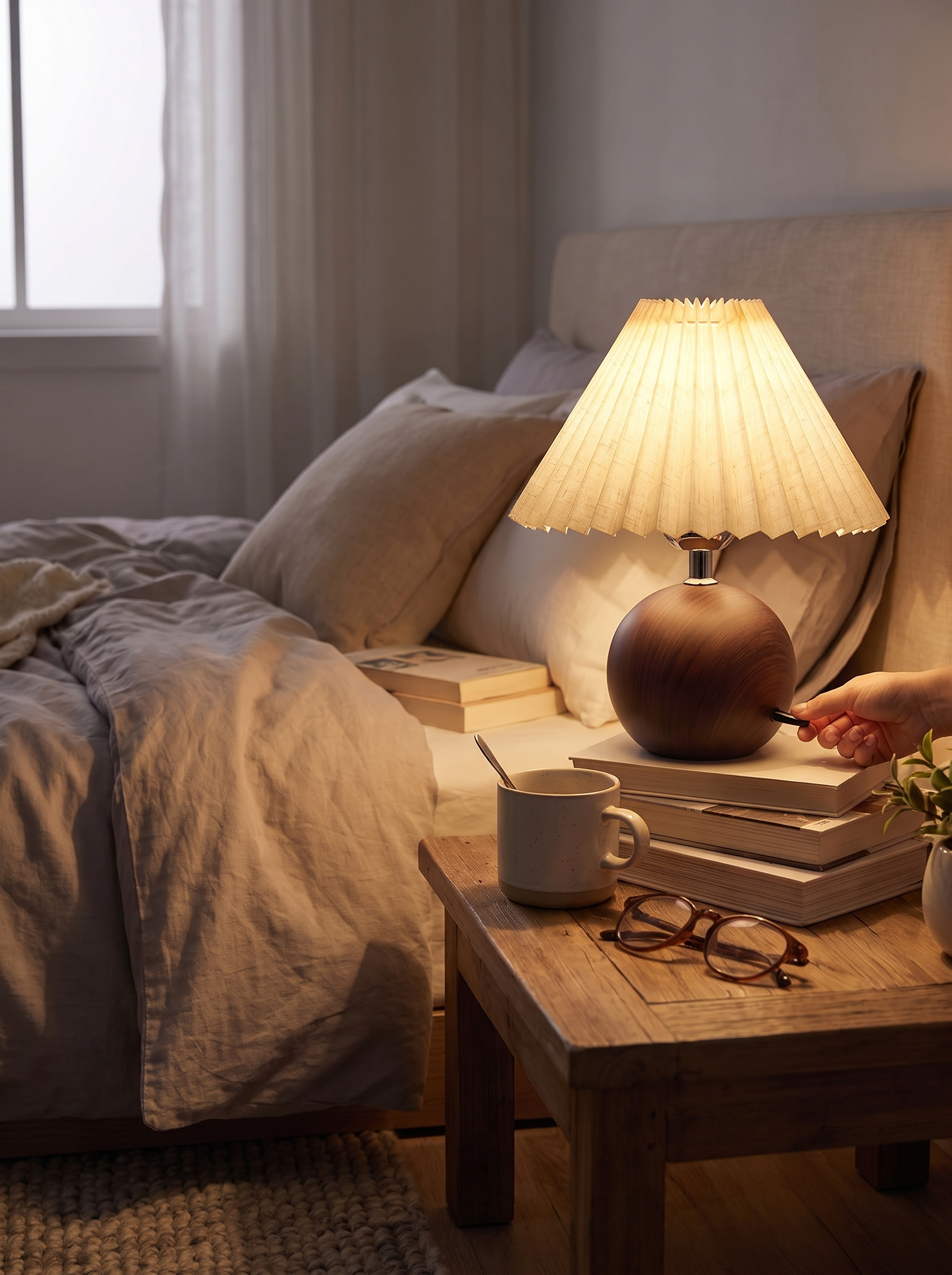 Ceramic base and fabric shade on a bedside table