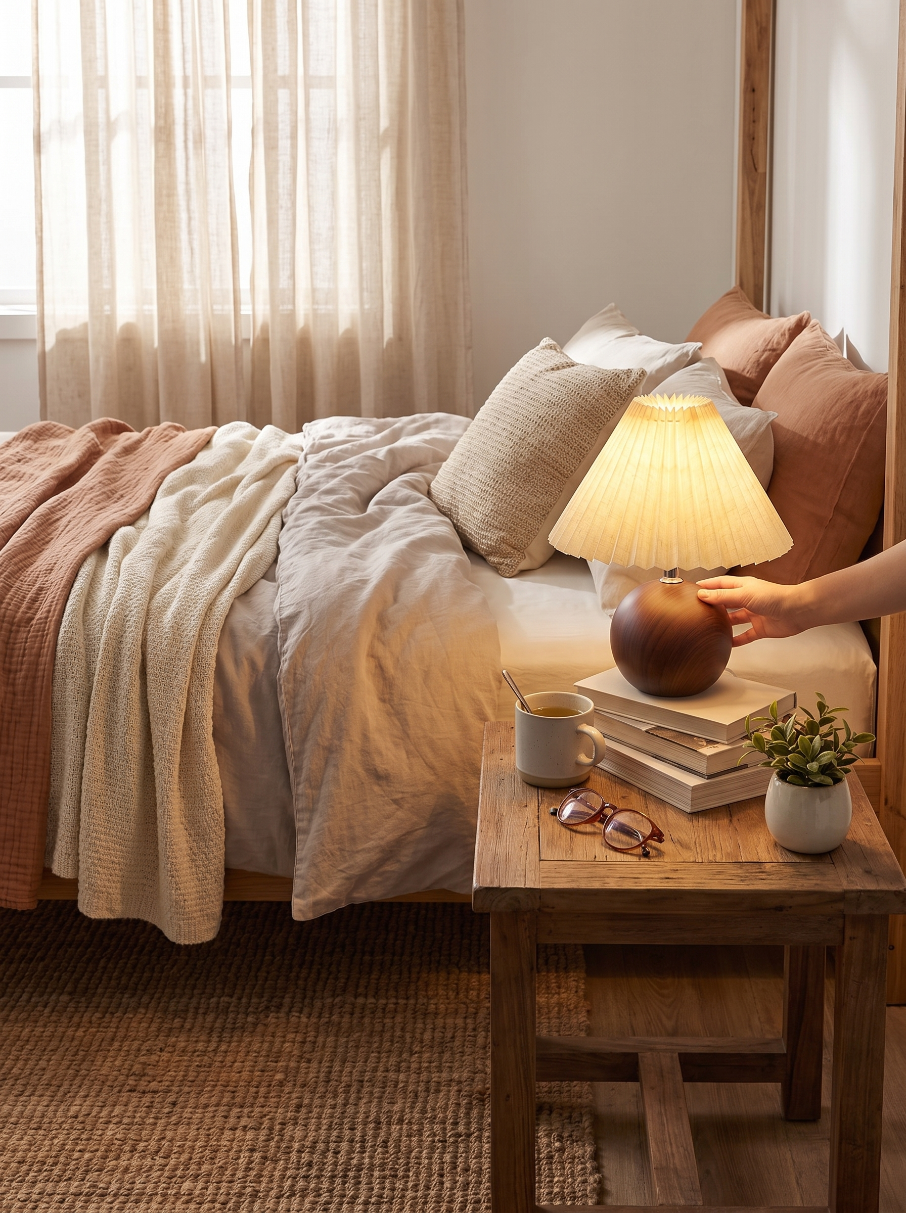 Ceramic bedside lamp lit for the last half hour of the day