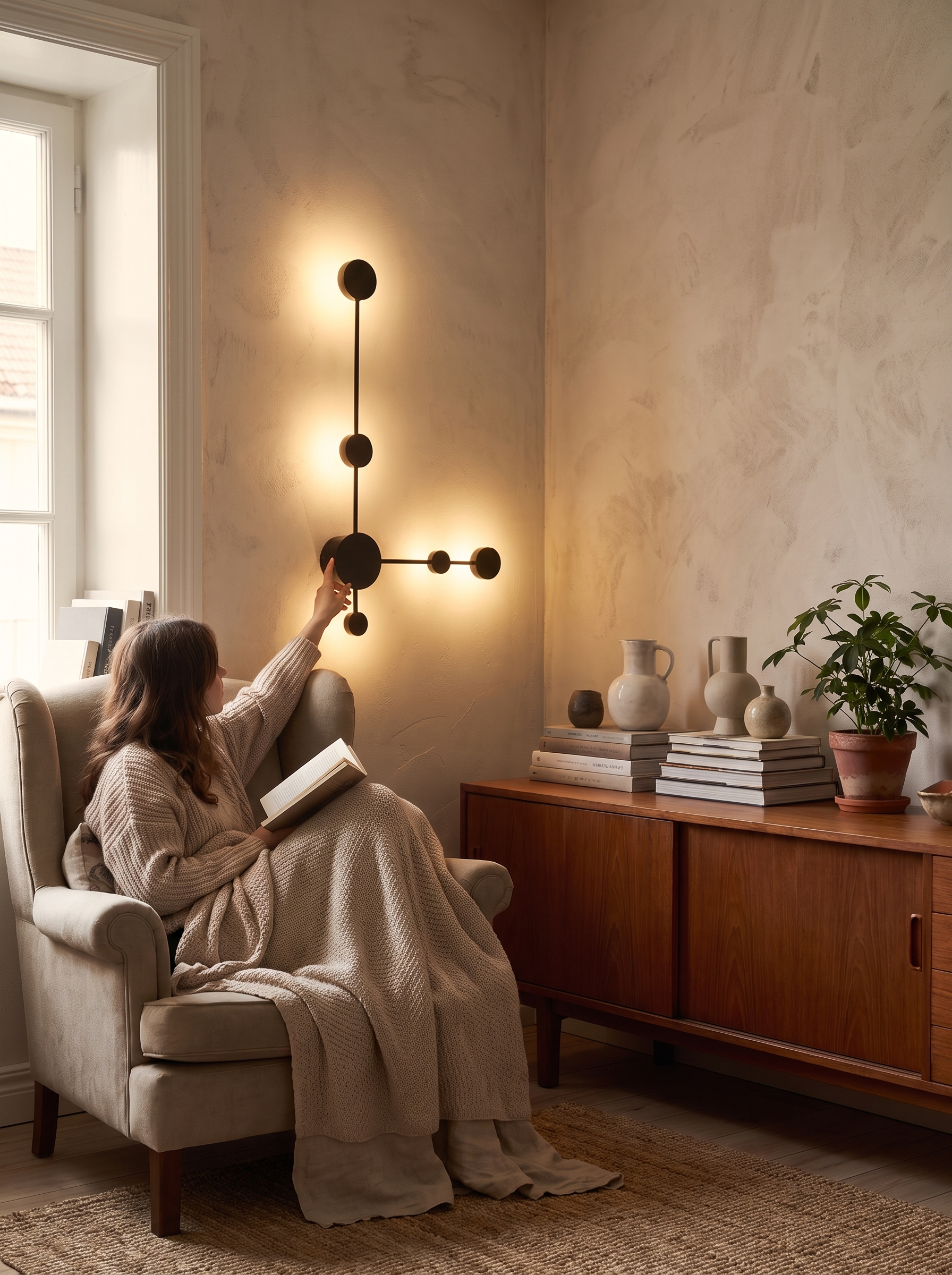 Tall multi head wall light filling a blank living room wall