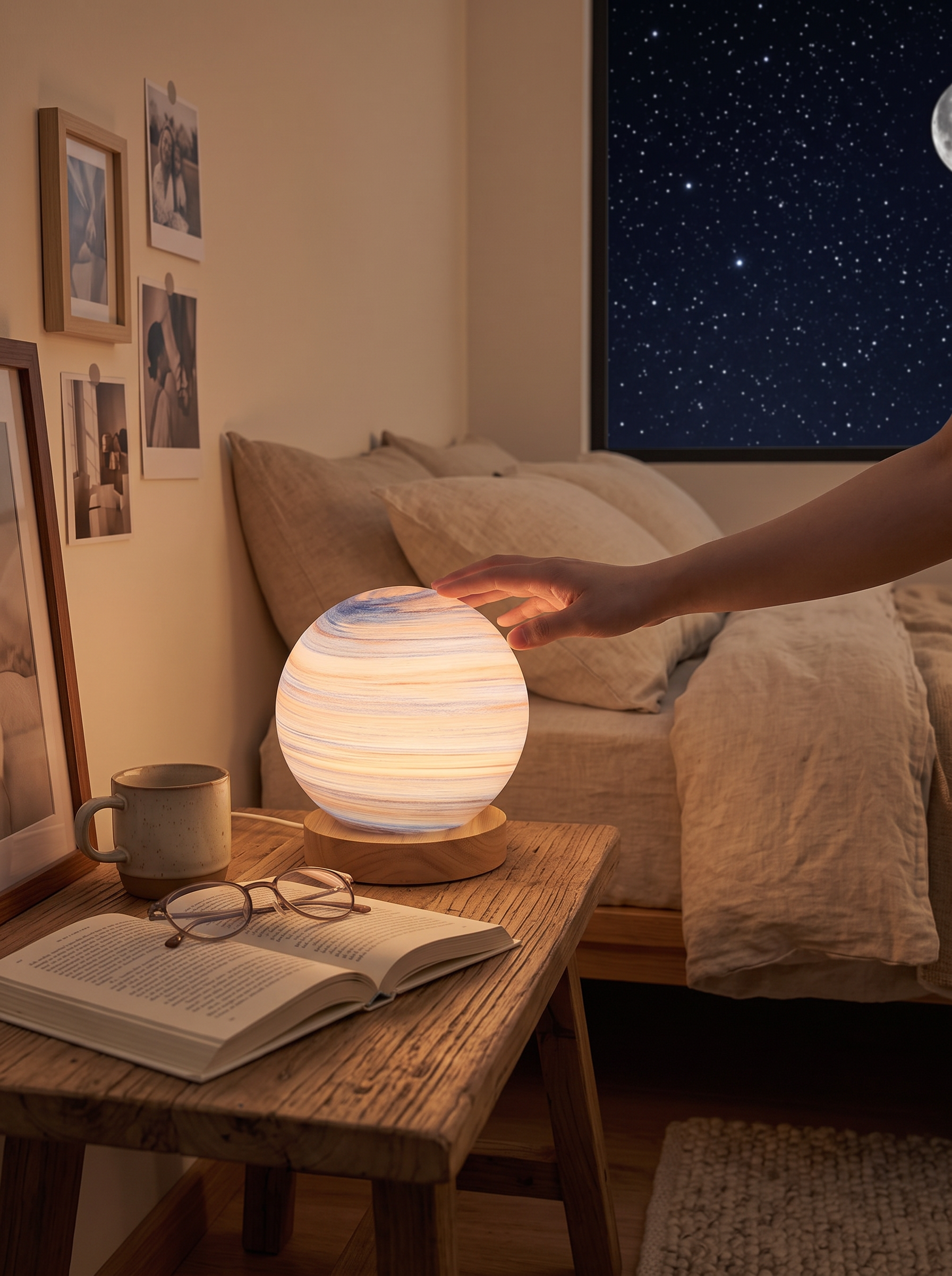 Planet lamp casting a starry pattern on a dark ceiling