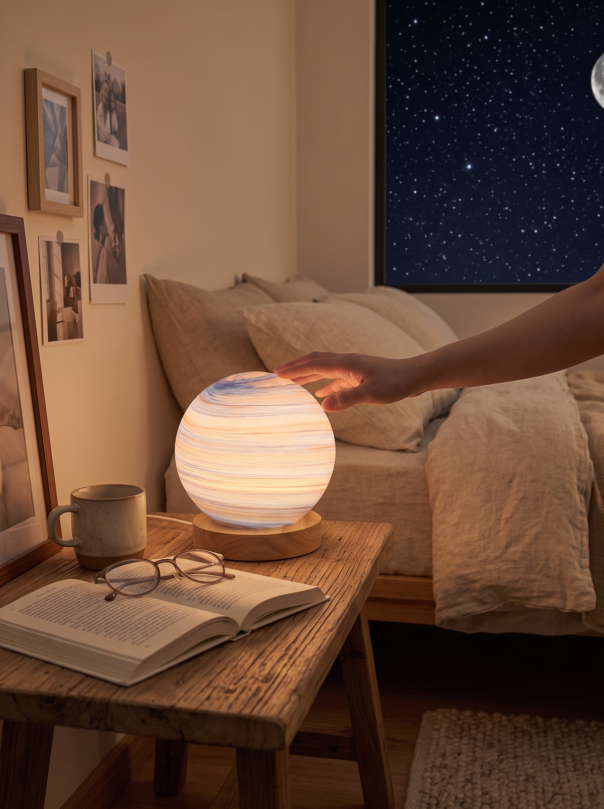Planet lamp casting a starry pattern on a dark ceiling