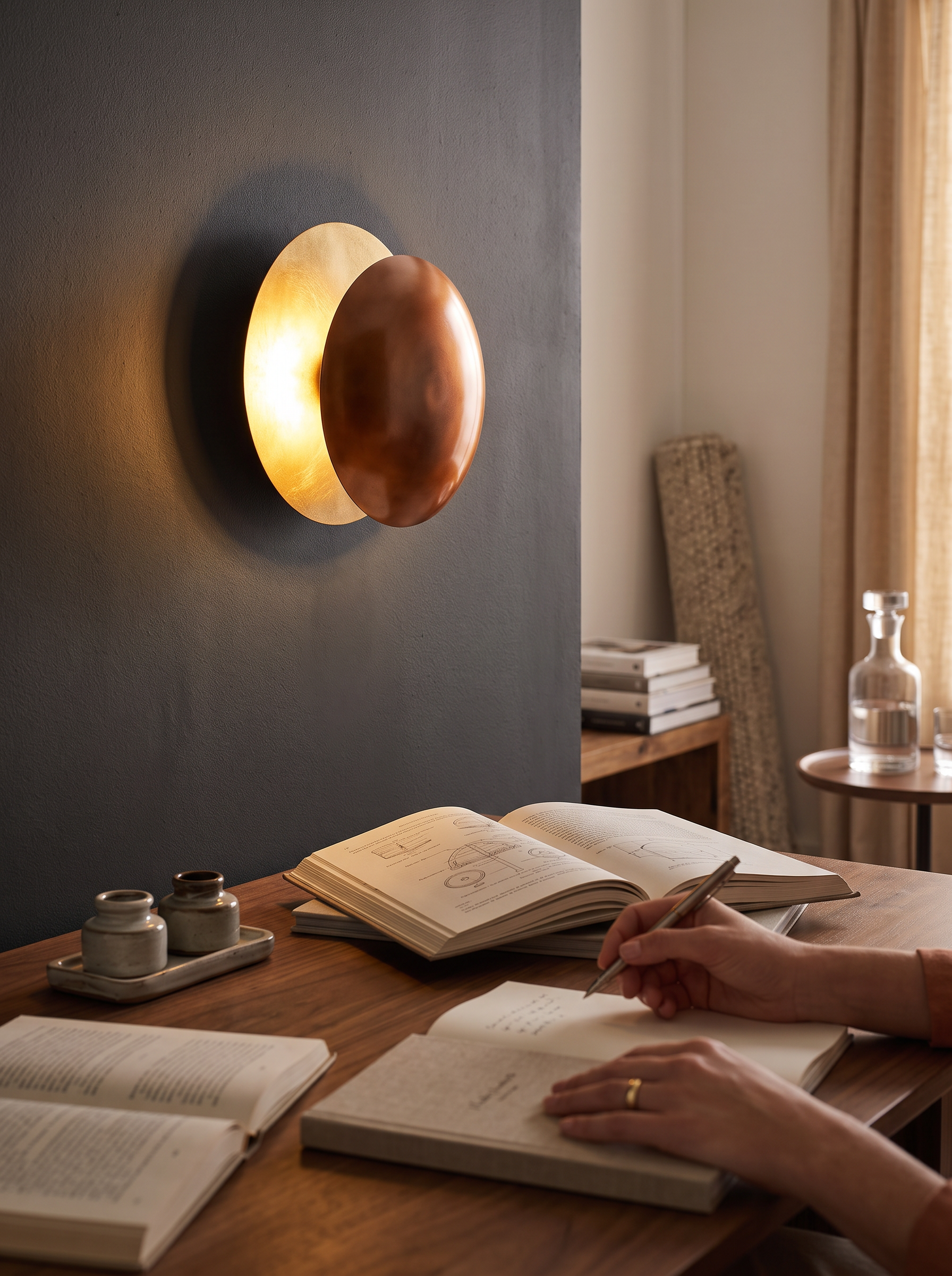 Eclipse wall light with a warm copper interior face