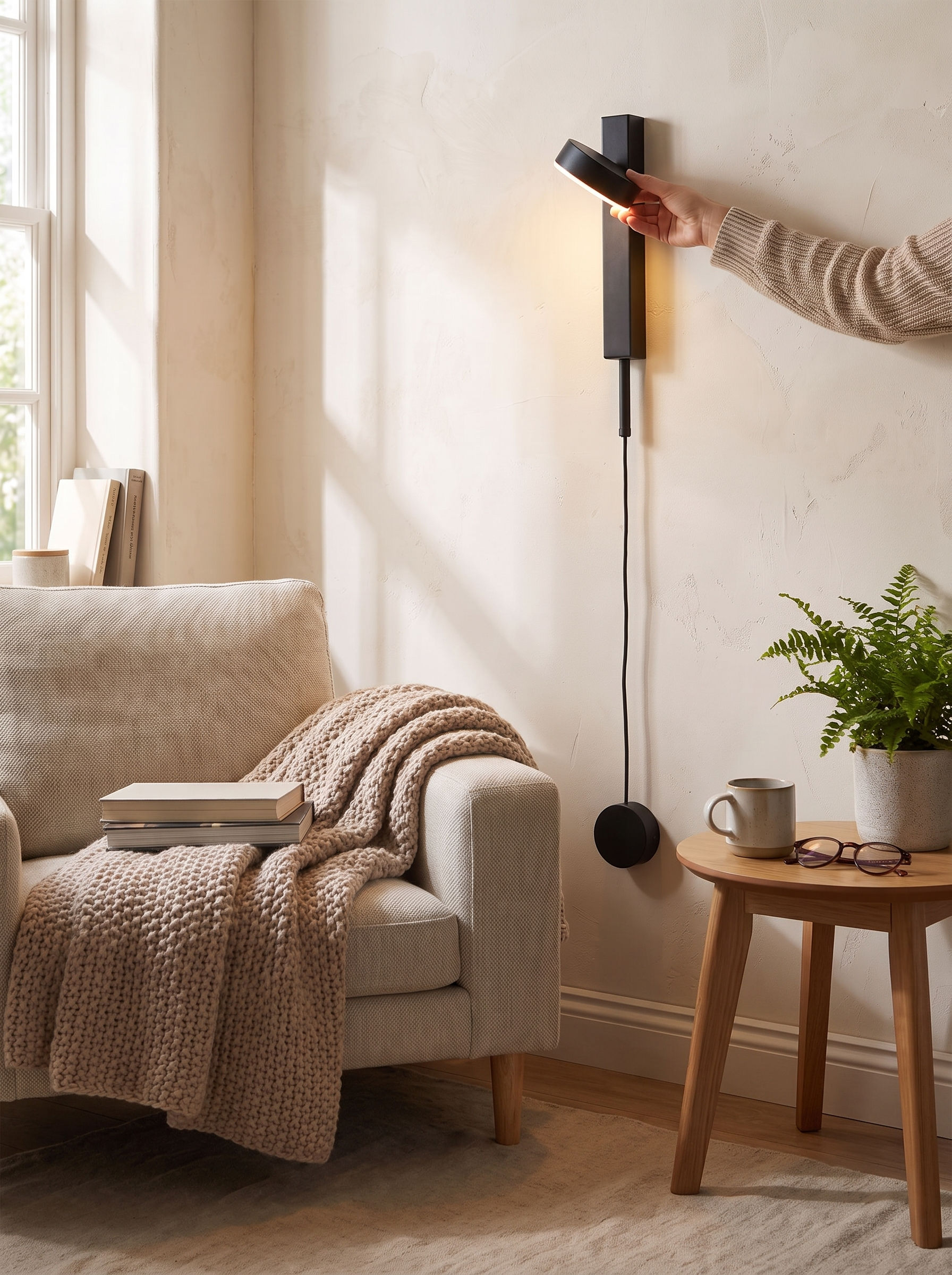 Run of slim wall lights lighting a long hallway evenly